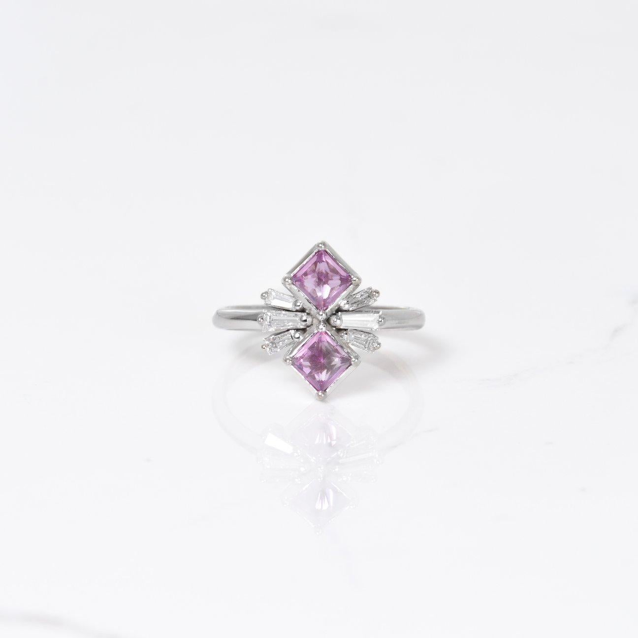 Princess Cut Pink Sapphire and Diamond Baguette Ring in 14k White Gold For Sale