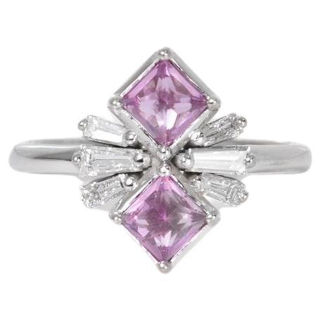 Pink Sapphire and Diamond Baguette Ring in 14k White Gold For Sale