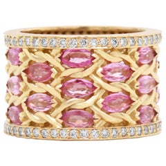 Pink Sapphire and Diamond Band Ring Yellow Gold Stambolian