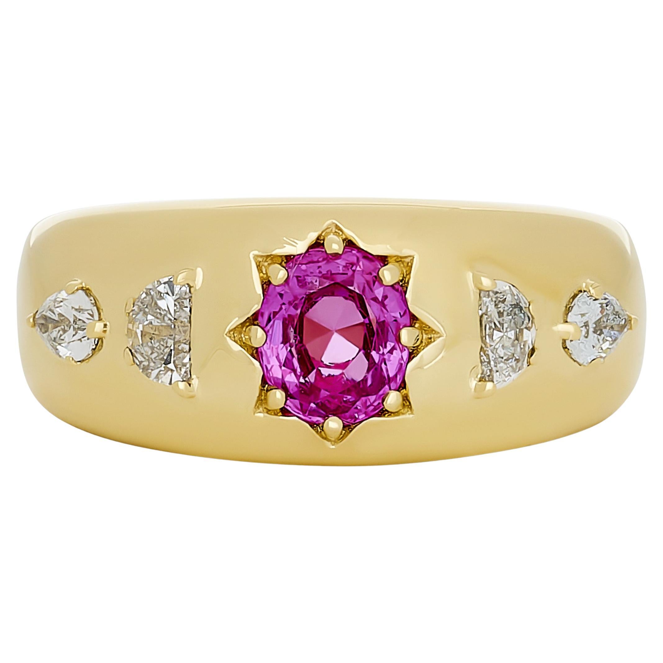 Pink Sapphire and Diamond Bezel Starburst 18 Karat Yellow Gold Ring For Sale