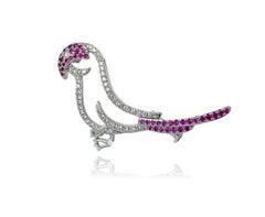 Pink Sapphire and Diamond Bird Brooch in 18KW Gold