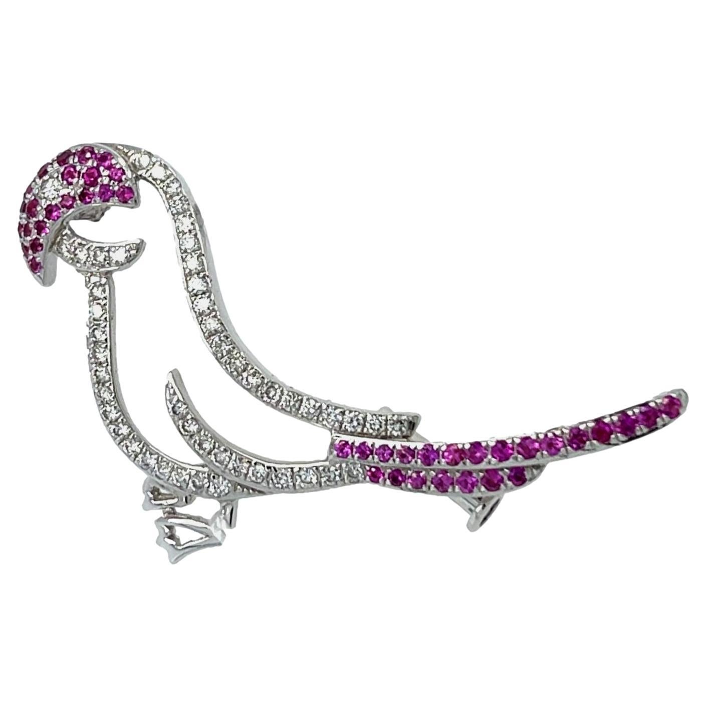 Pink Sapphire and Diamond Bird Brooch in 18KW Gold For Sale