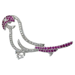 Pink Sapphire and Diamond Bird Brooch in 18KW Gold