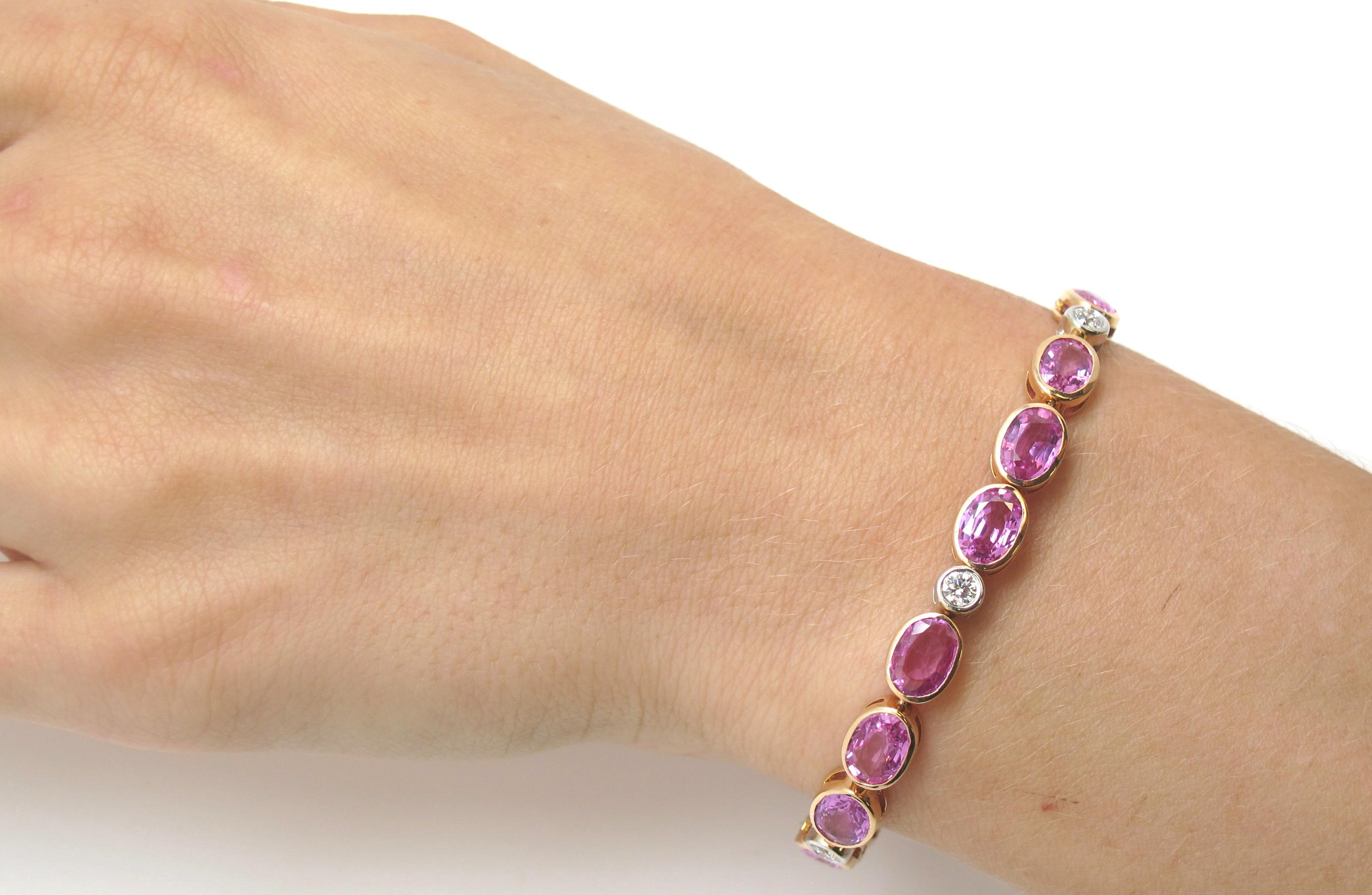 Oval Cut Pink Sapphire and Diamond Tennis Bracelet, Rose, White Gold, 19.17 Carat Total