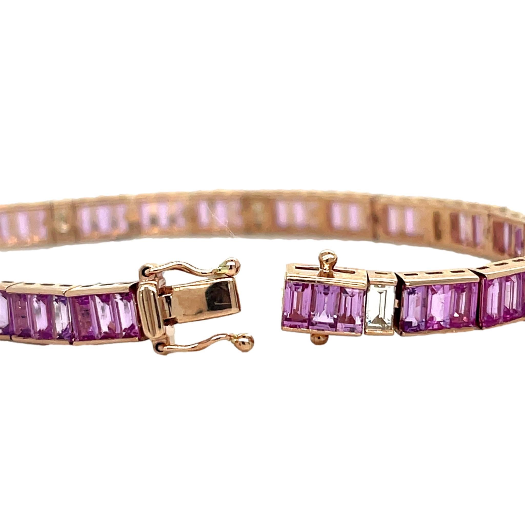 Baguette Cut Pink Sapphire and Diamond Bracelet in 14K Rose Gold For Sale