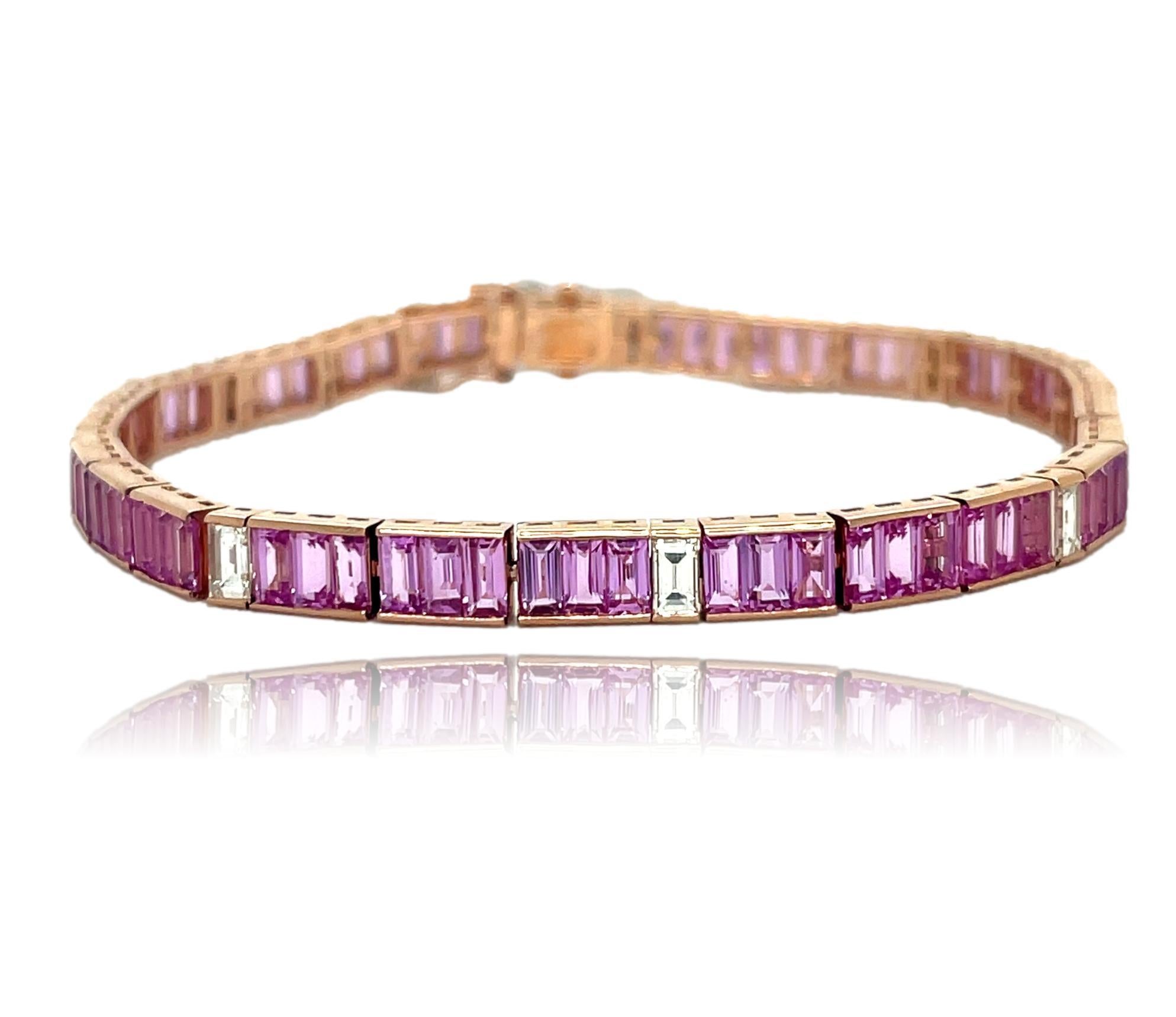 Women's or Men's Pink Sapphire and Diamond Bracelet in 14K Rose Gold For Sale