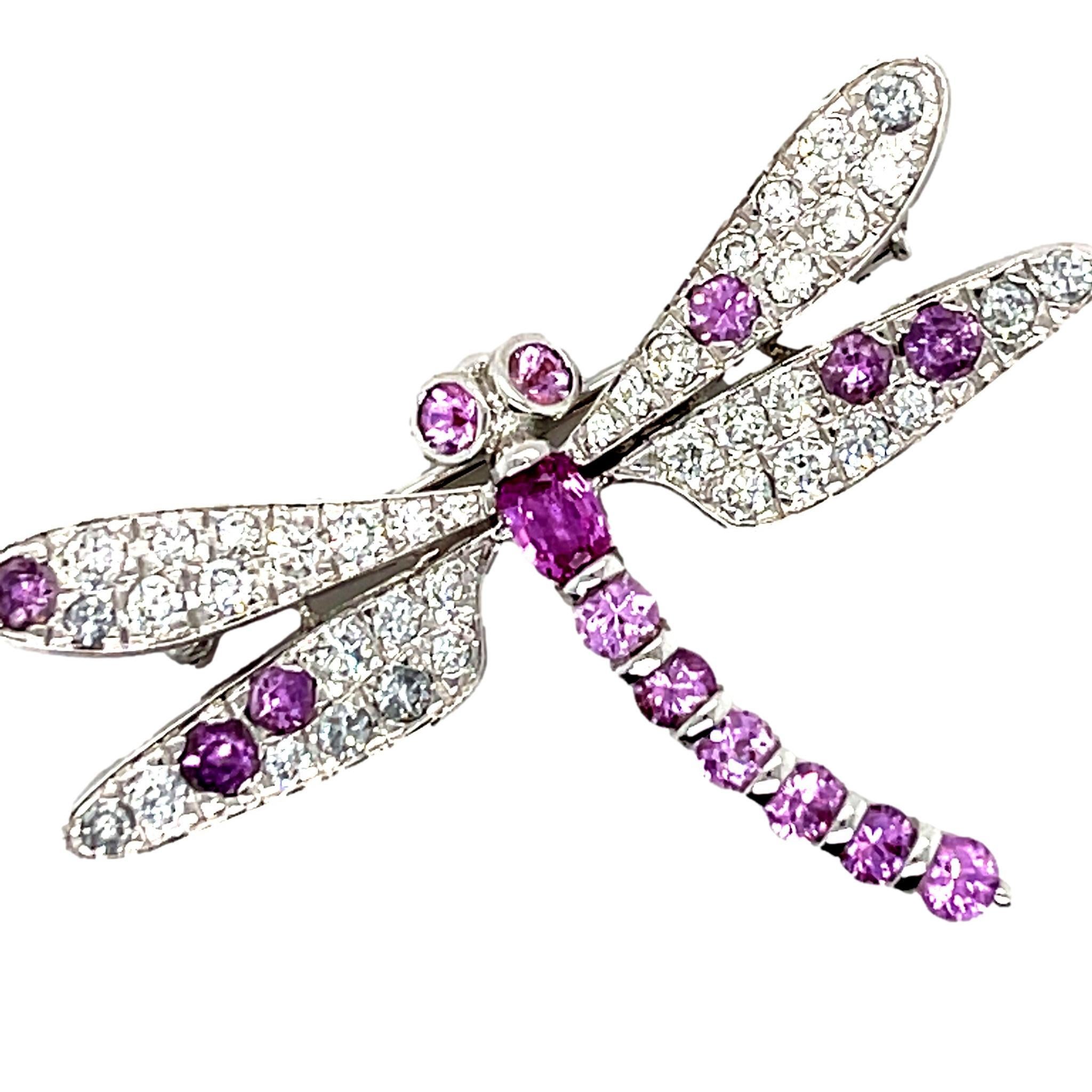 Brilliant Cut Pink Sapphire and Diamond Butterfly Brooch in 18KW Gold For Sale