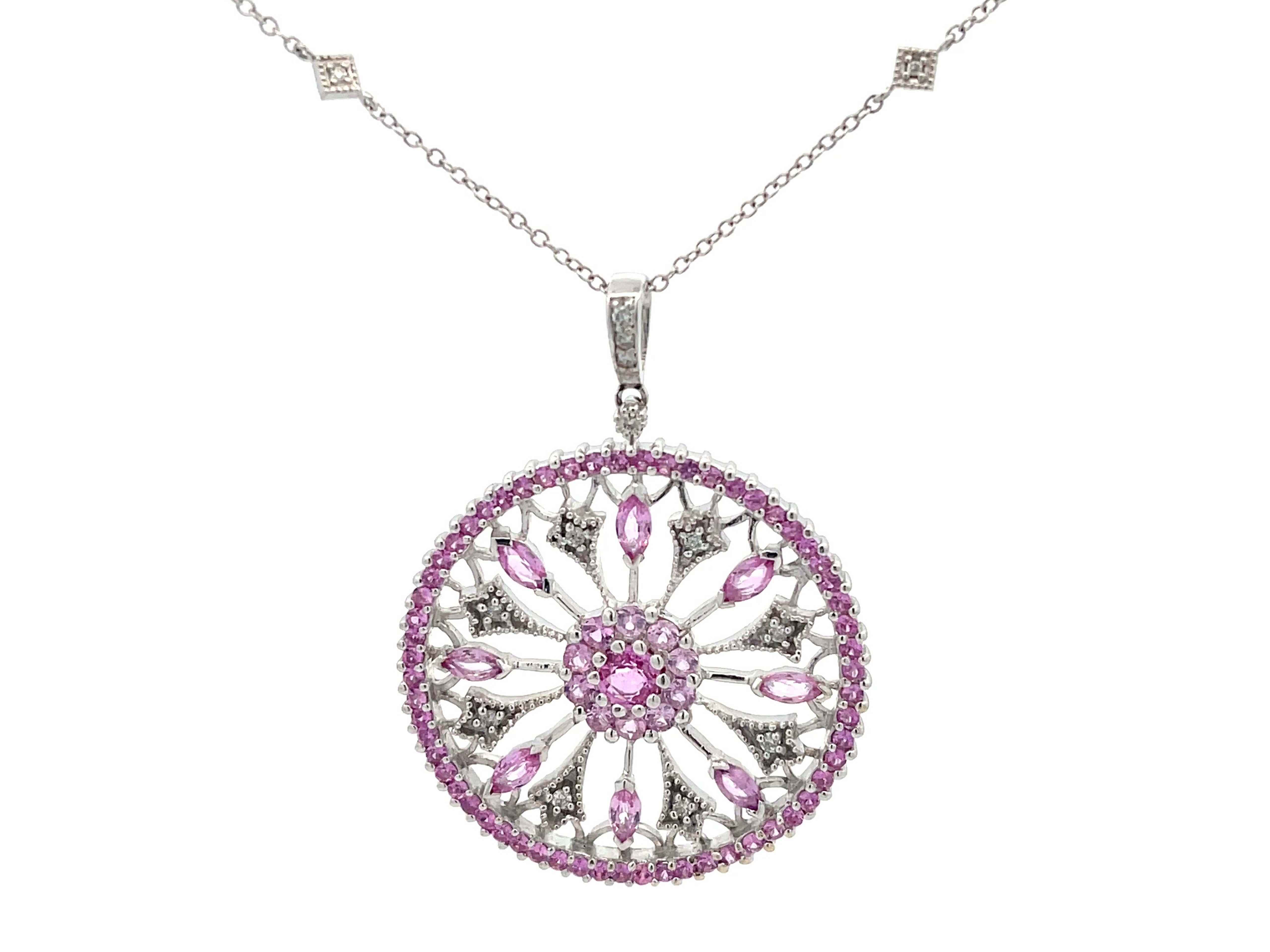 Modern Pink Sapphire and Diamond Circle Pendant and Chain in 14k White Gold For Sale