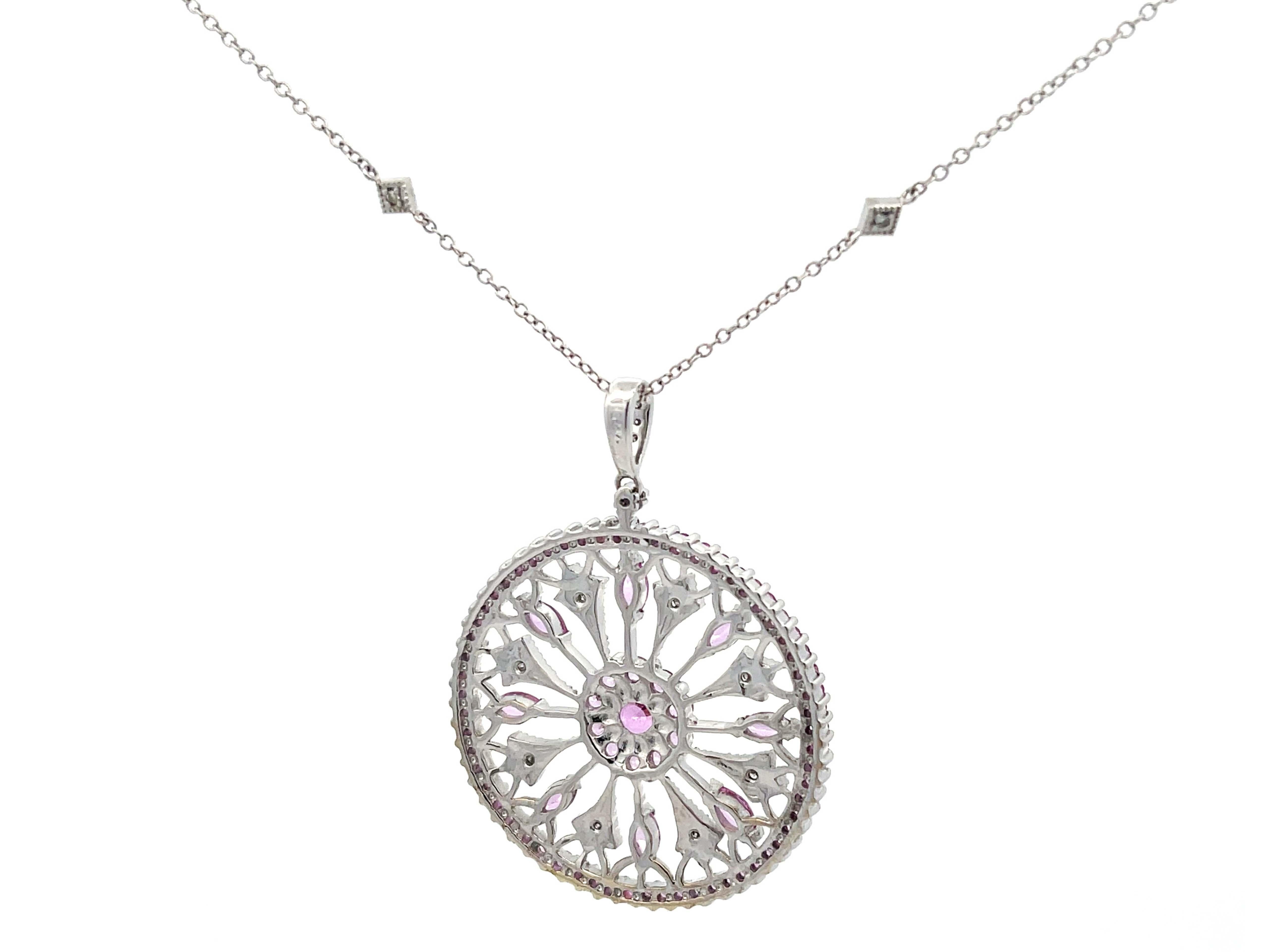 Round Cut Pink Sapphire and Diamond Circle Pendant and Chain in 14k White Gold For Sale