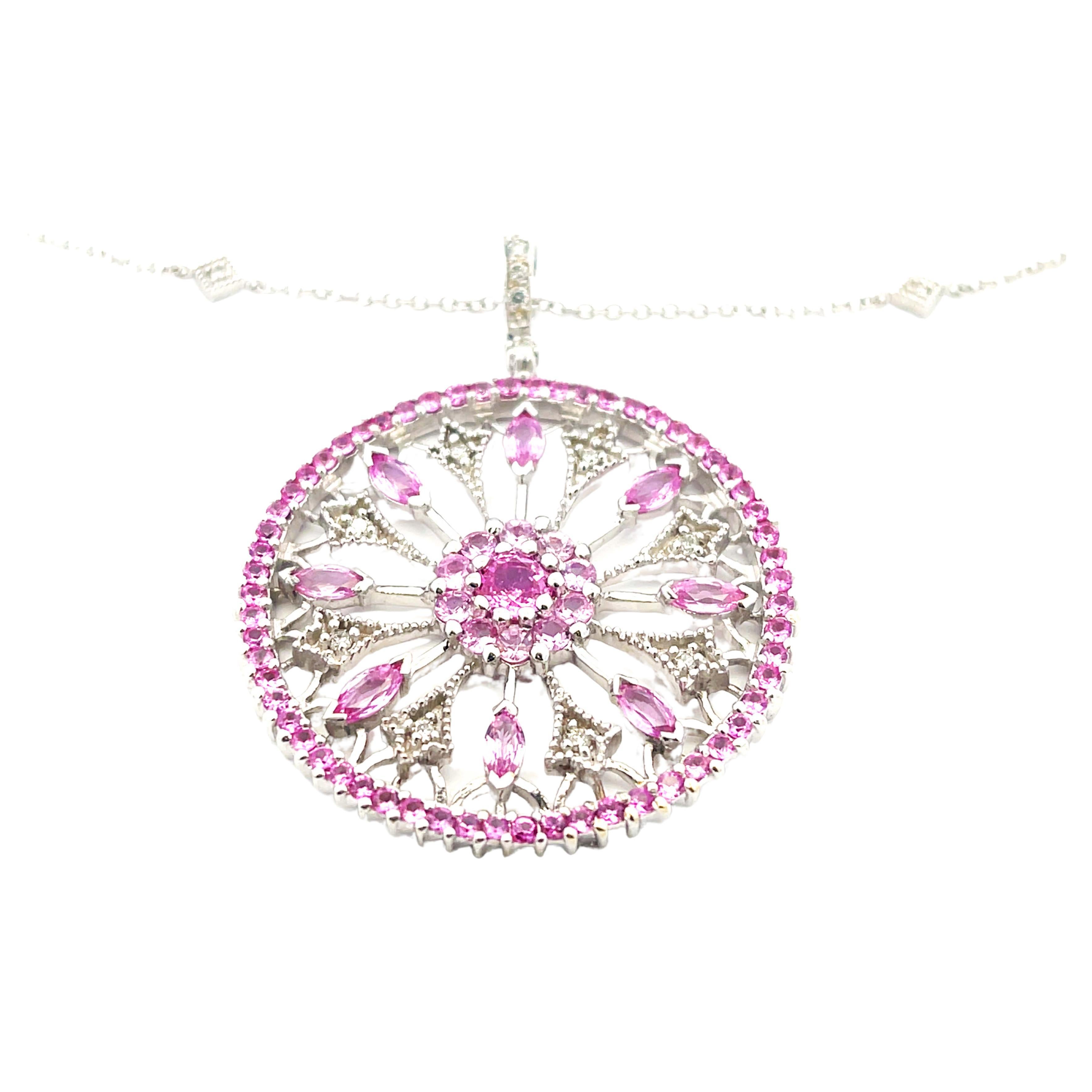Pink Sapphire and Diamond Circle Pendant and Chain in 14k White Gold For Sale