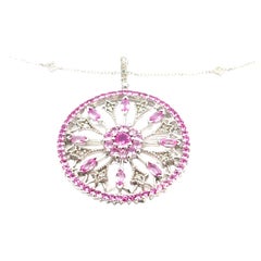 Pink Sapphire and Diamond Circle Pendant and Chain in 14k White Gold