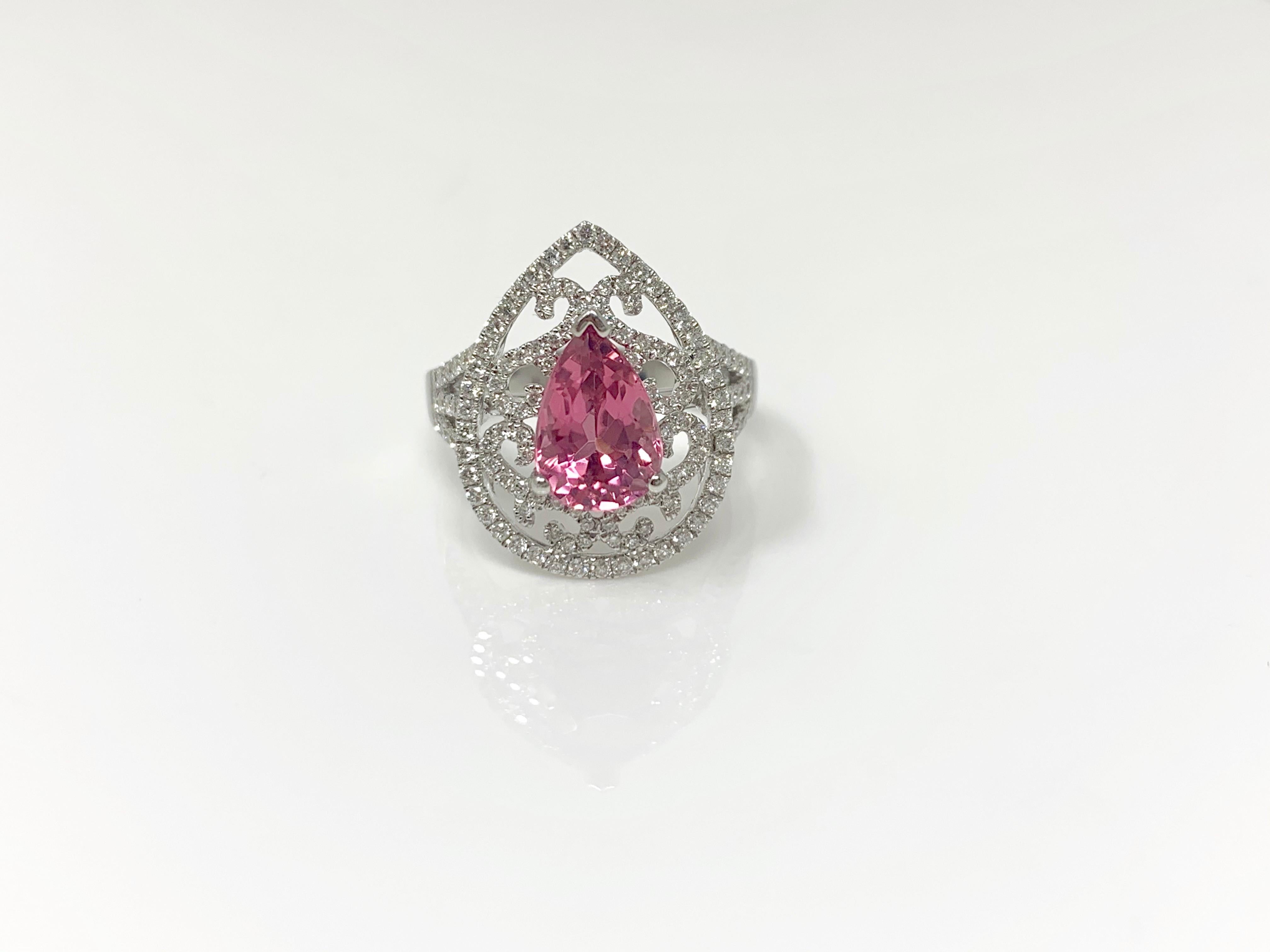 Moguldiam Inc pink sapphire and diamond ring custom handmade in 18k white gold . 
Pink sapphire : 2.19 carat 
Diamond weight : 0.75 carat 
Metal : 18 k white gold 
ring size : 6 1/2 

