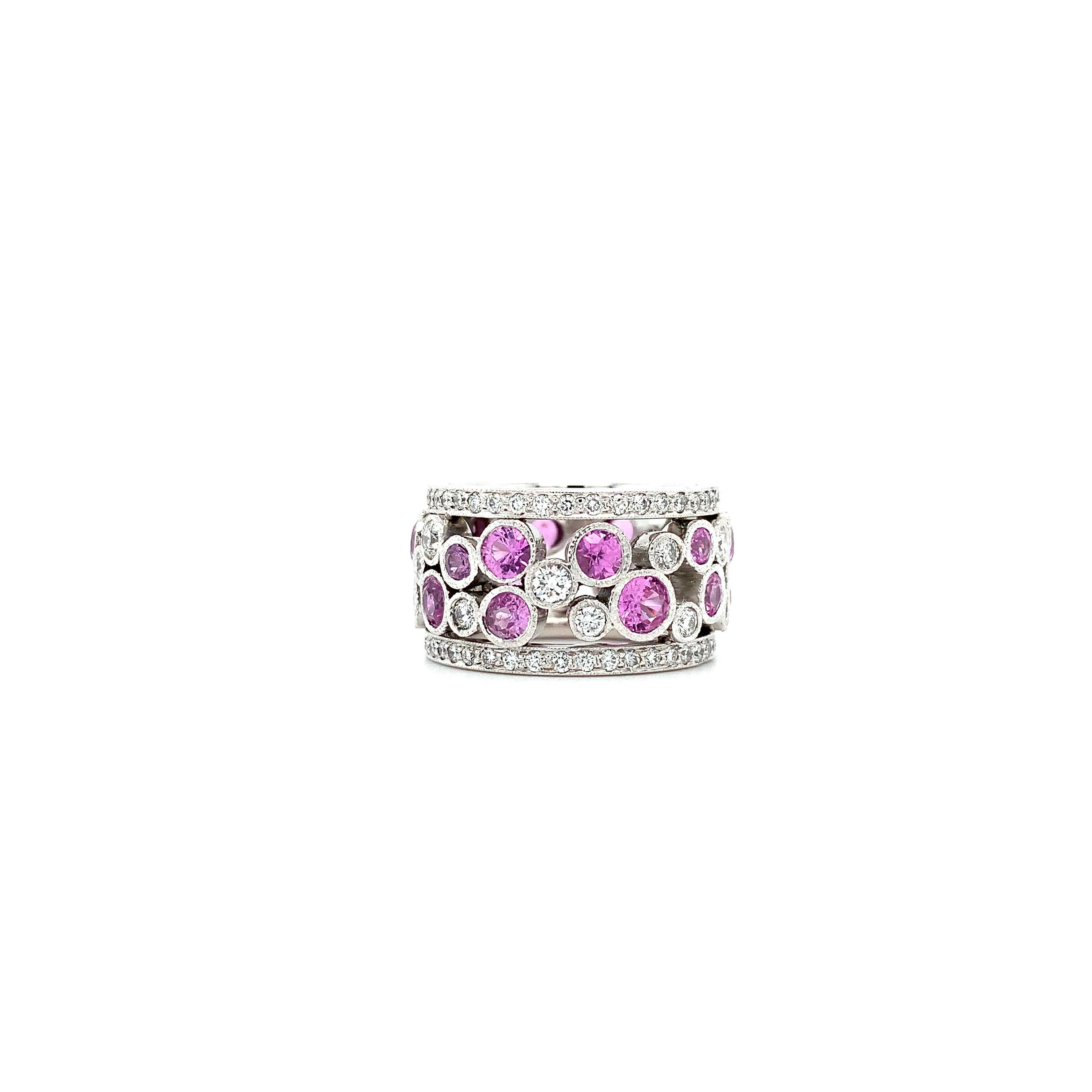7.30ct Pink sapphire and round brilliant diamond cocktail ring in 18k white gold.
Featuring the elegant shade of pink sapphire Ceylon origin accented with round brilliant cut diamonds all the way around all mounted in 18k precious white gold.
Size