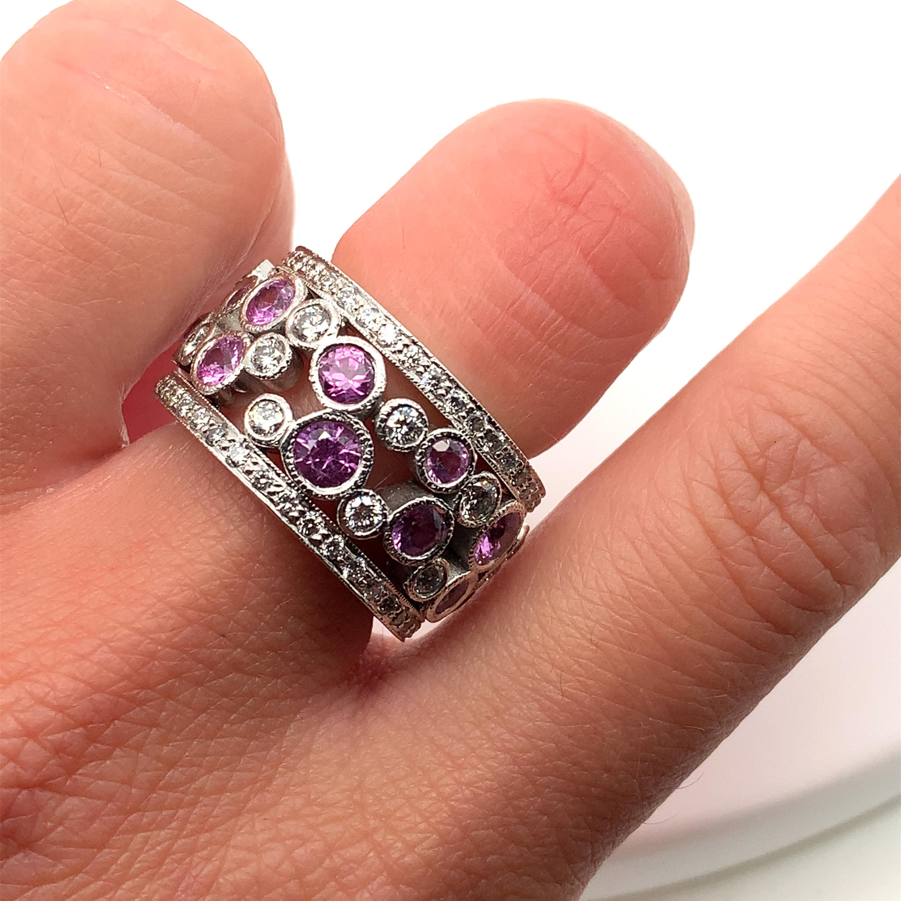 Art Deco Pink Sapphire and Diamond Cocktail Ring in 18k White Gold  For Sale