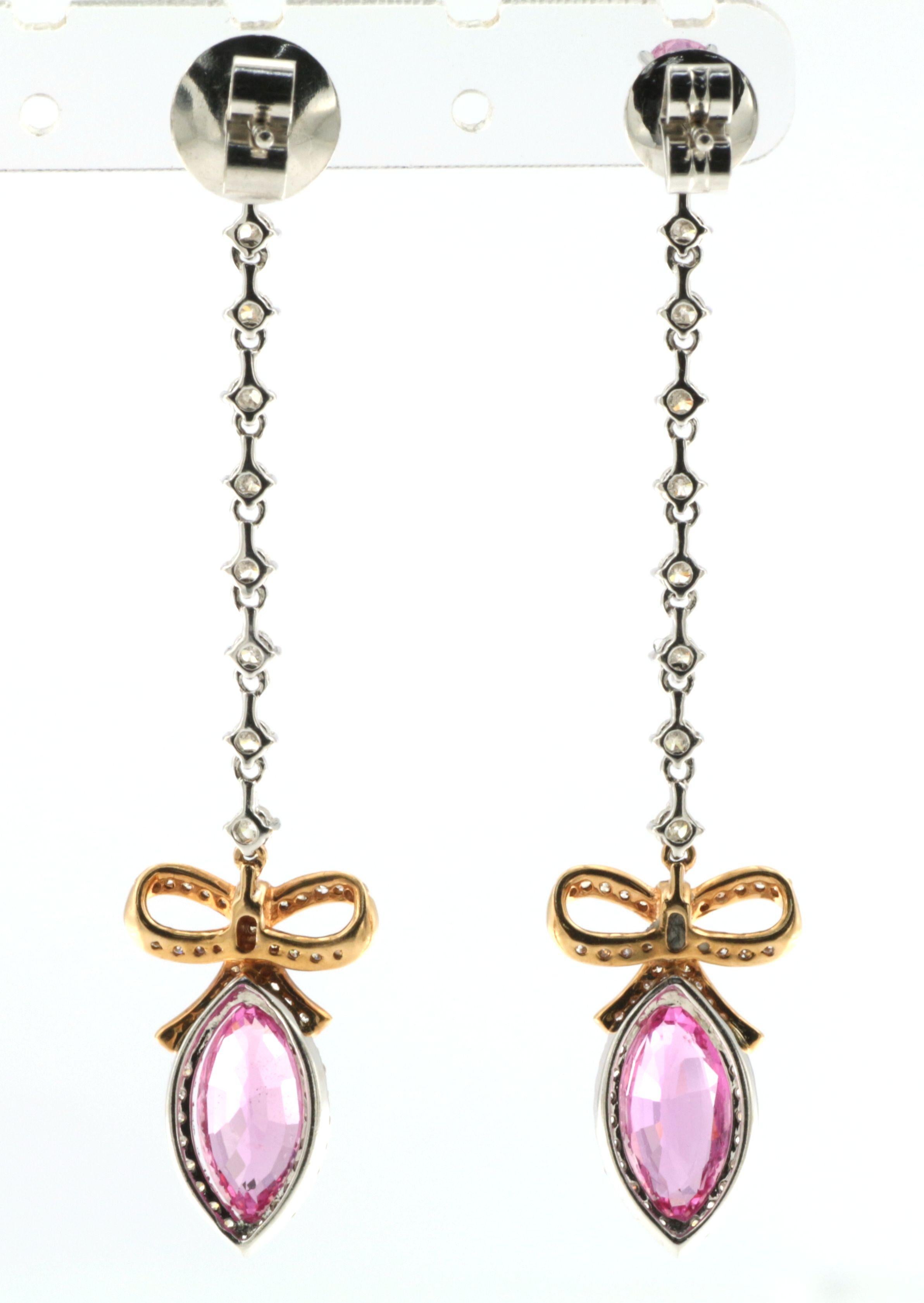 Art Deco Vintage 5.07 carat Pink Sapphire and Diamond Dangle Earring 18K Rose White Gold For Sale