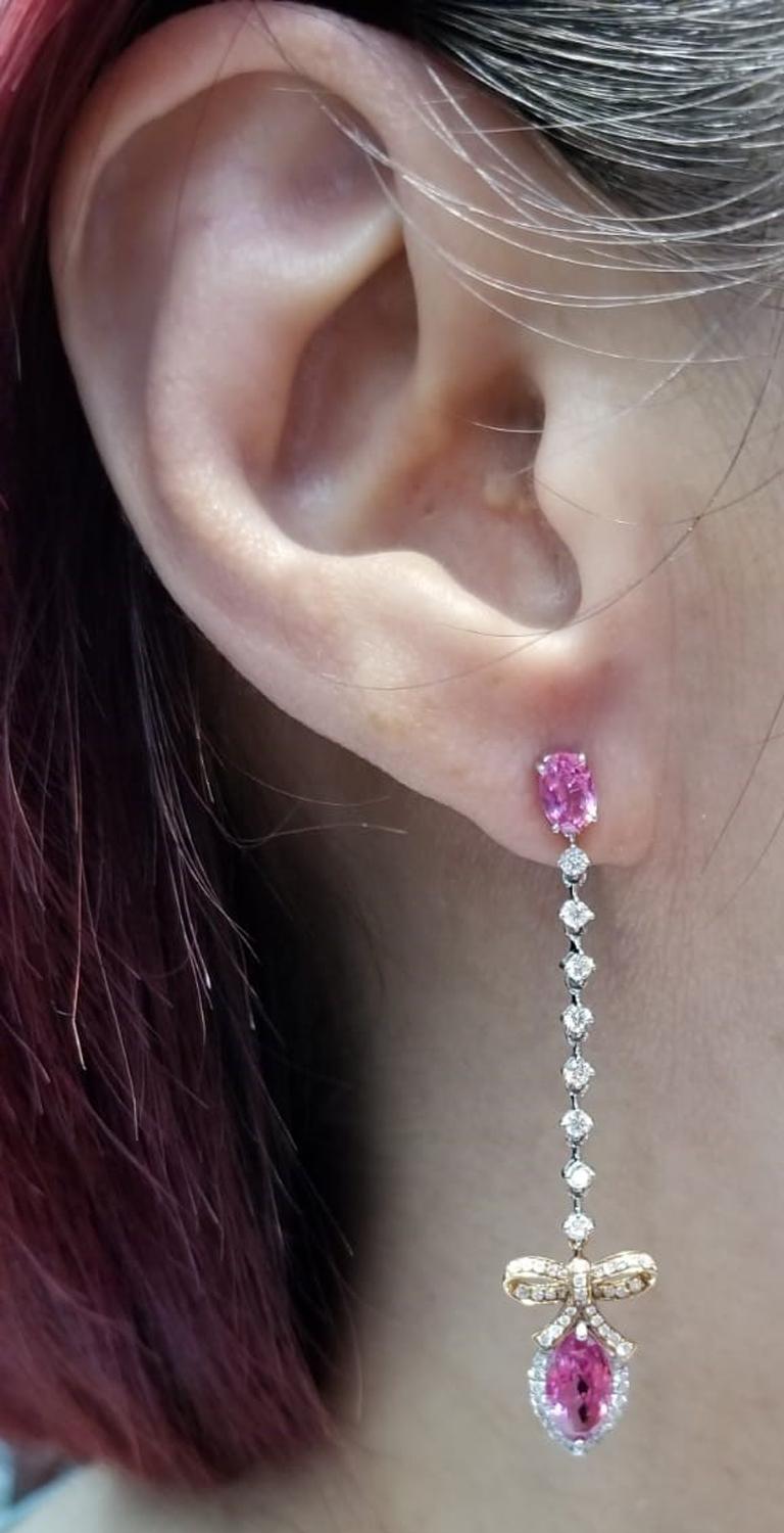 Oval Cut Vintage 5.07 carat Pink Sapphire and Diamond Dangle Earring 18K Rose White Gold For Sale