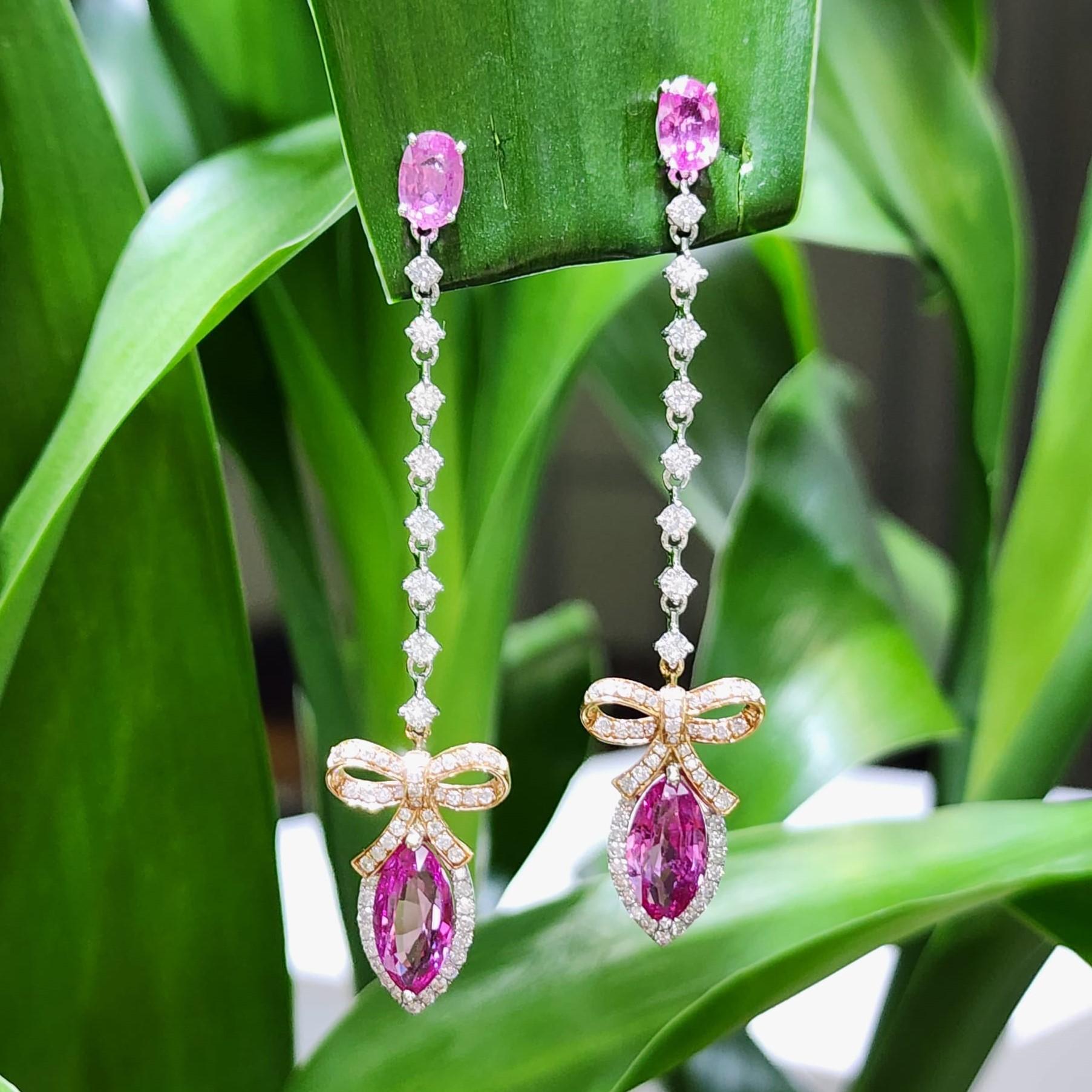 Vintage 5.07 carat Pink Sapphire and Diamond Dangle Earring 18K Rose White Gold In New Condition For Sale In Hong Kong, HK