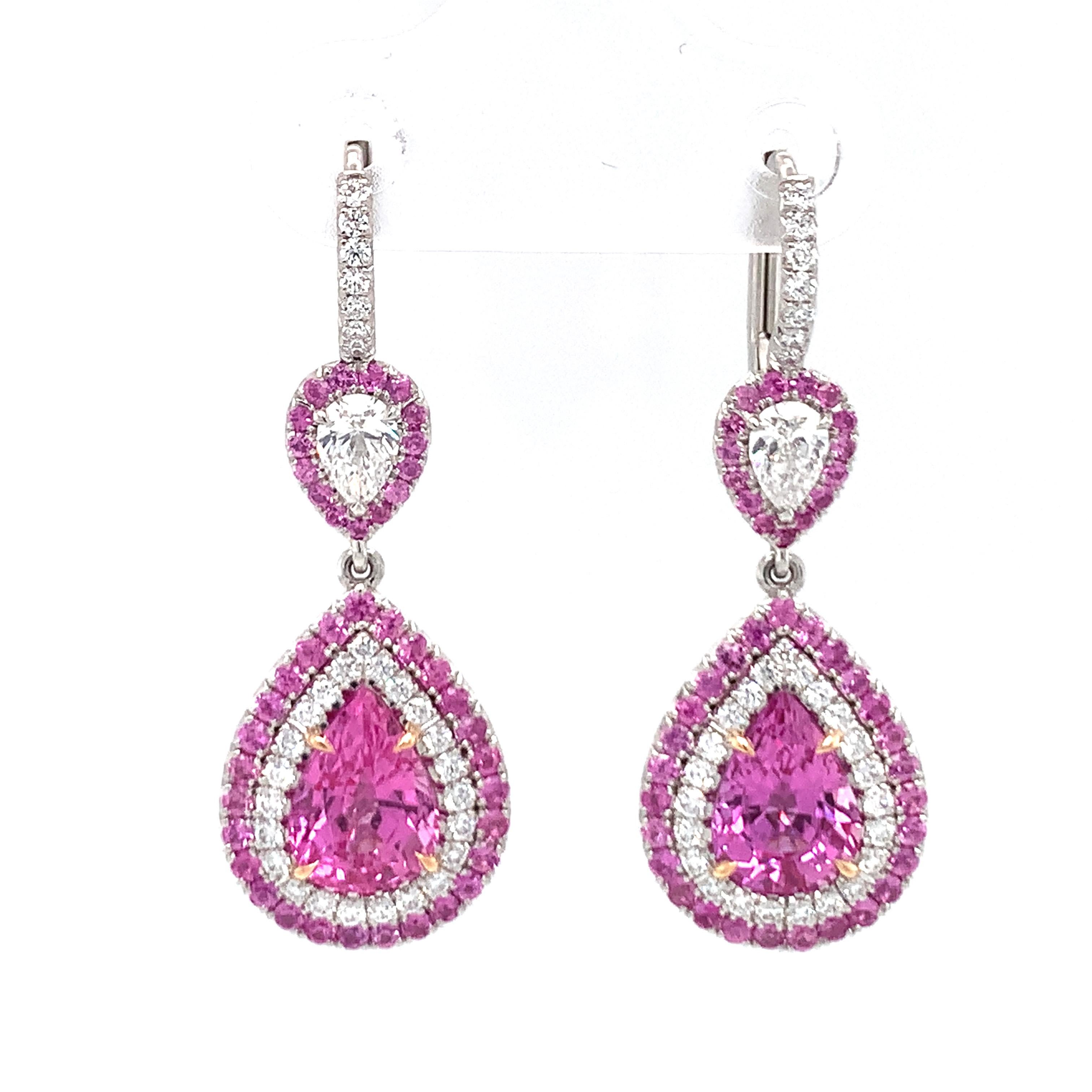Round Cut Pink Sapphire and Diamond Dangle Platinum Earrings by Omi For Sale