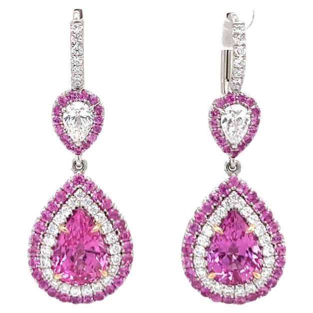 Pink Sapphire and Diamond Dangle Platinum Earrings by Omi For Sale