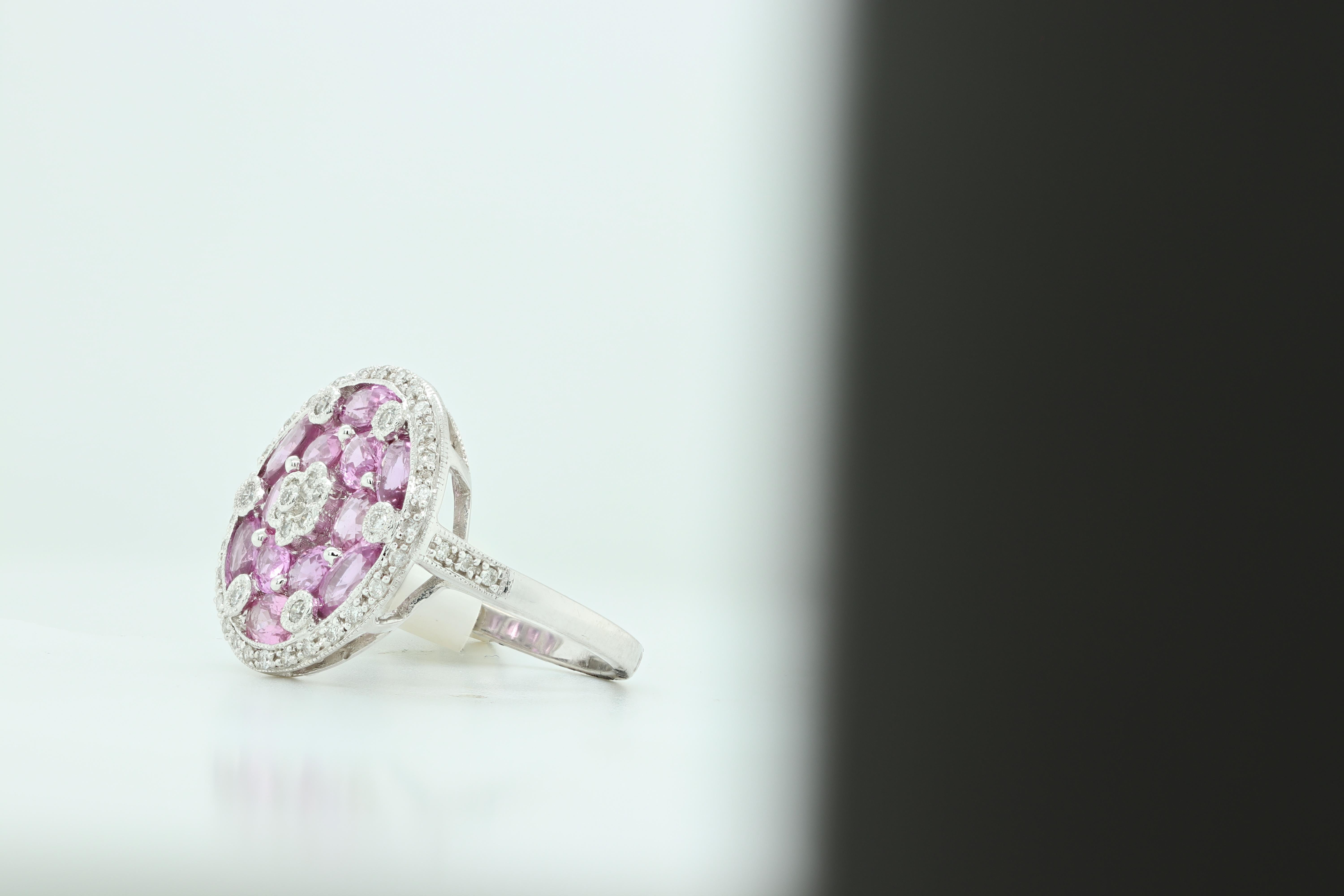 Round Cut Pink Sapphire and Diamond Disk Ring