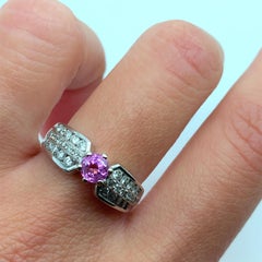 Pink sapphire and diamond double band engagement ring 18k white gold