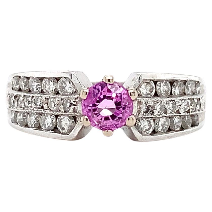 Pink sapphire and diamond double band engagement ring 18k white gold