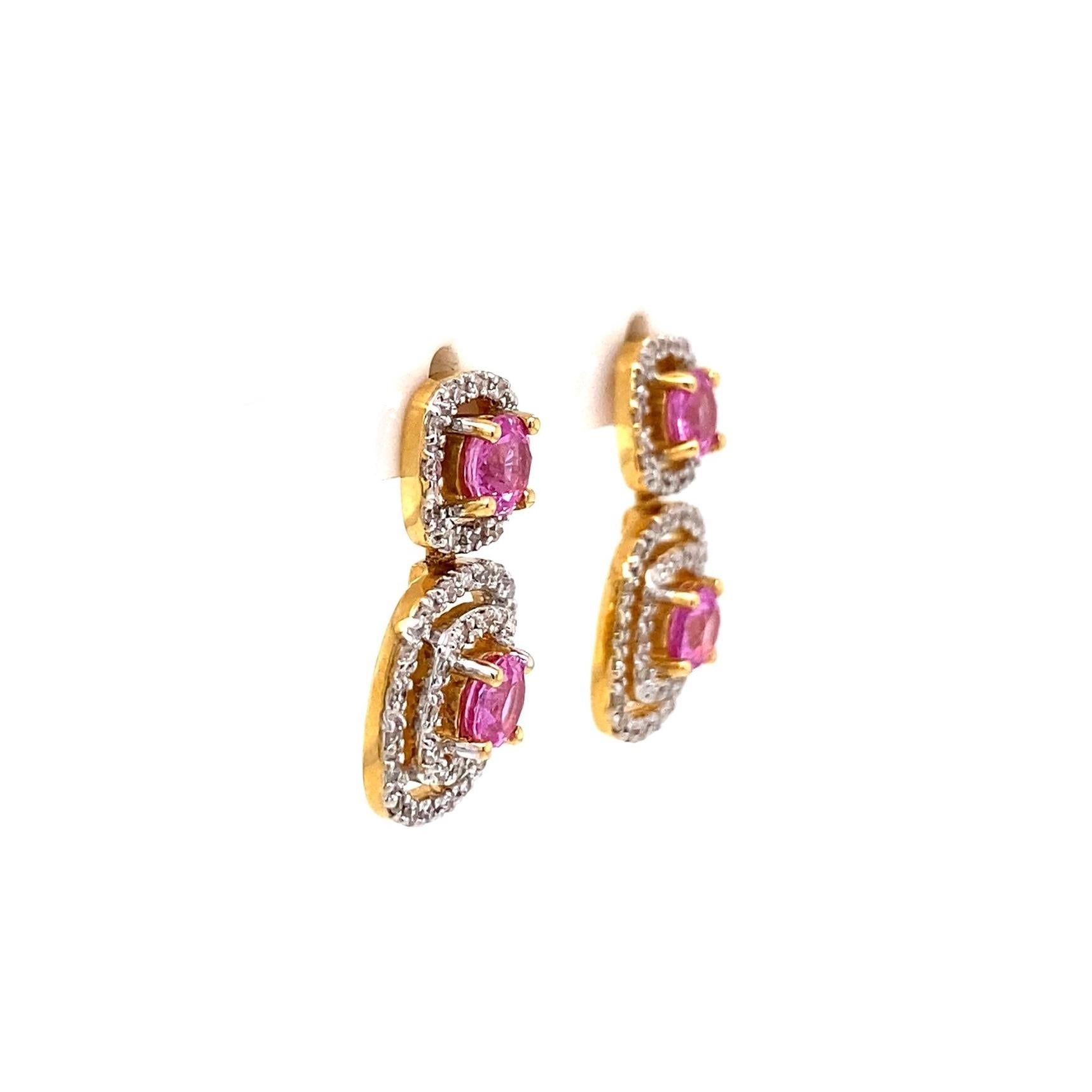 Modern  Pink Sapphire and Diamond Double Drop Vintage Halo Gold Earrings