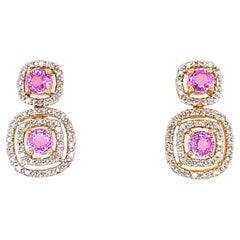  Pink Sapphire and Diamond Double Drop Vintage Halo Gold Earrings