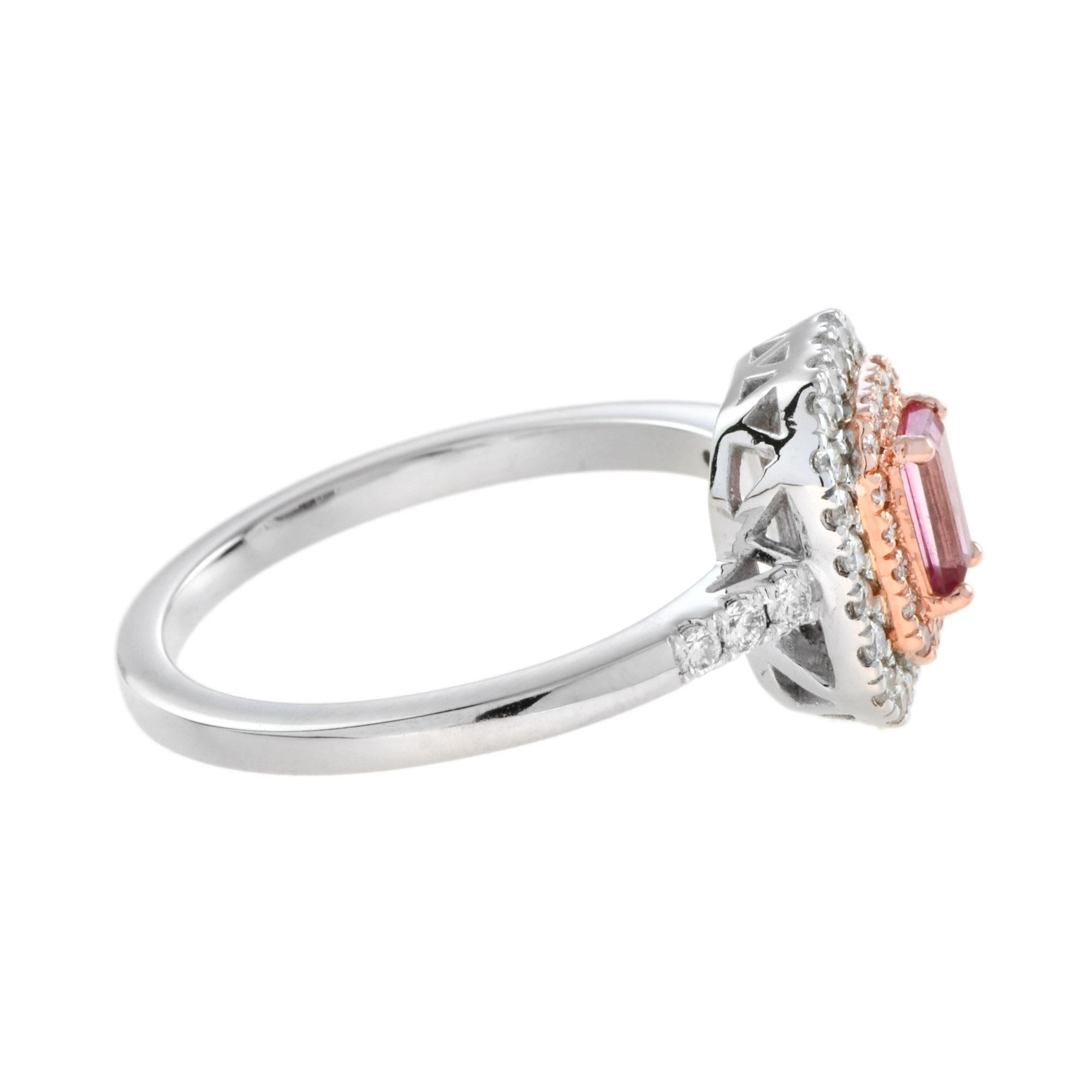 Verlobungsring aus 18 Karat zweifarbigem Gold mit rosa Saphiren und Diamanten mit doppeltem Halo  (Art déco) im Angebot