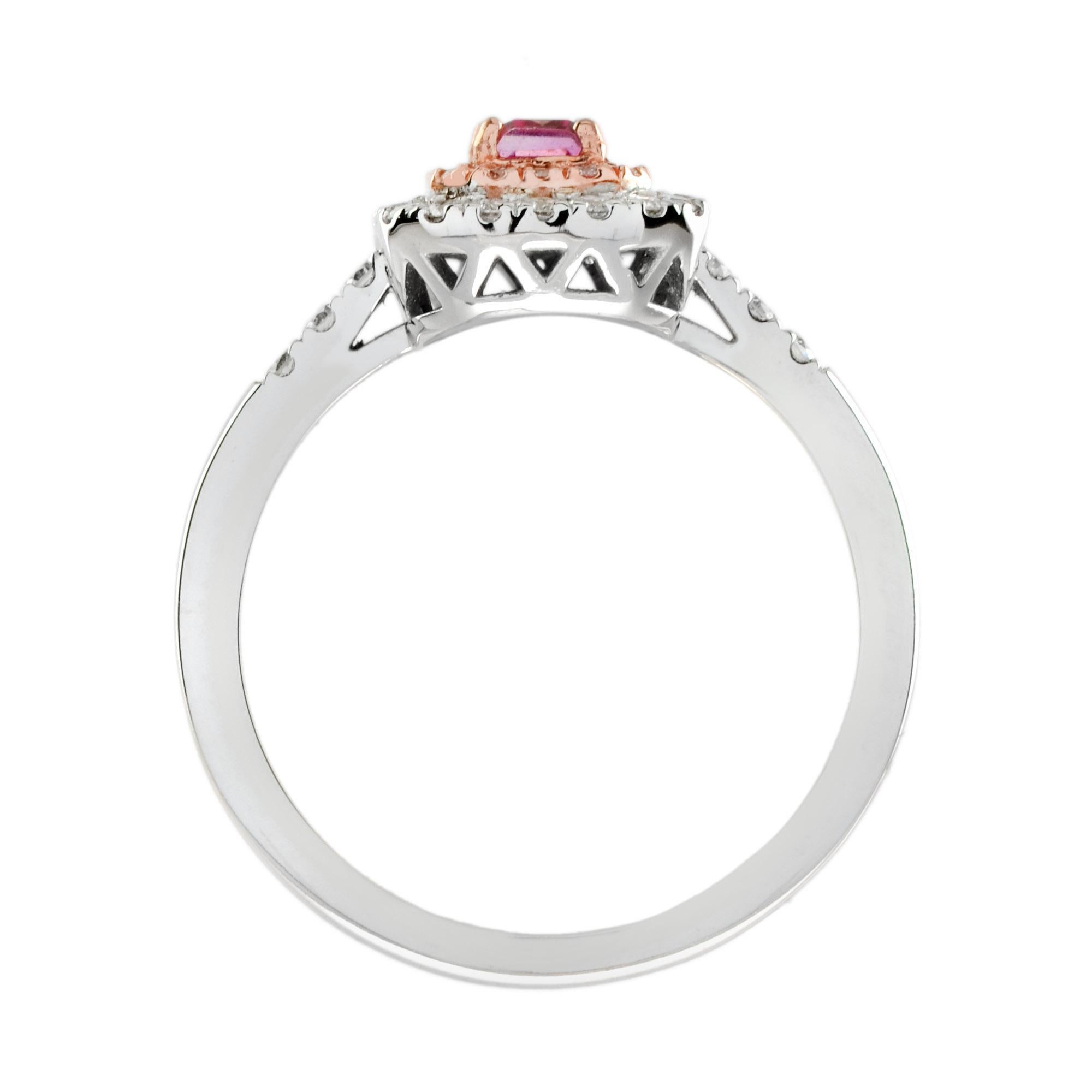 Women's Pink Sapphire and Diamond Double Halo Engagement Ring in 18K Two Tone Gold  For Sale