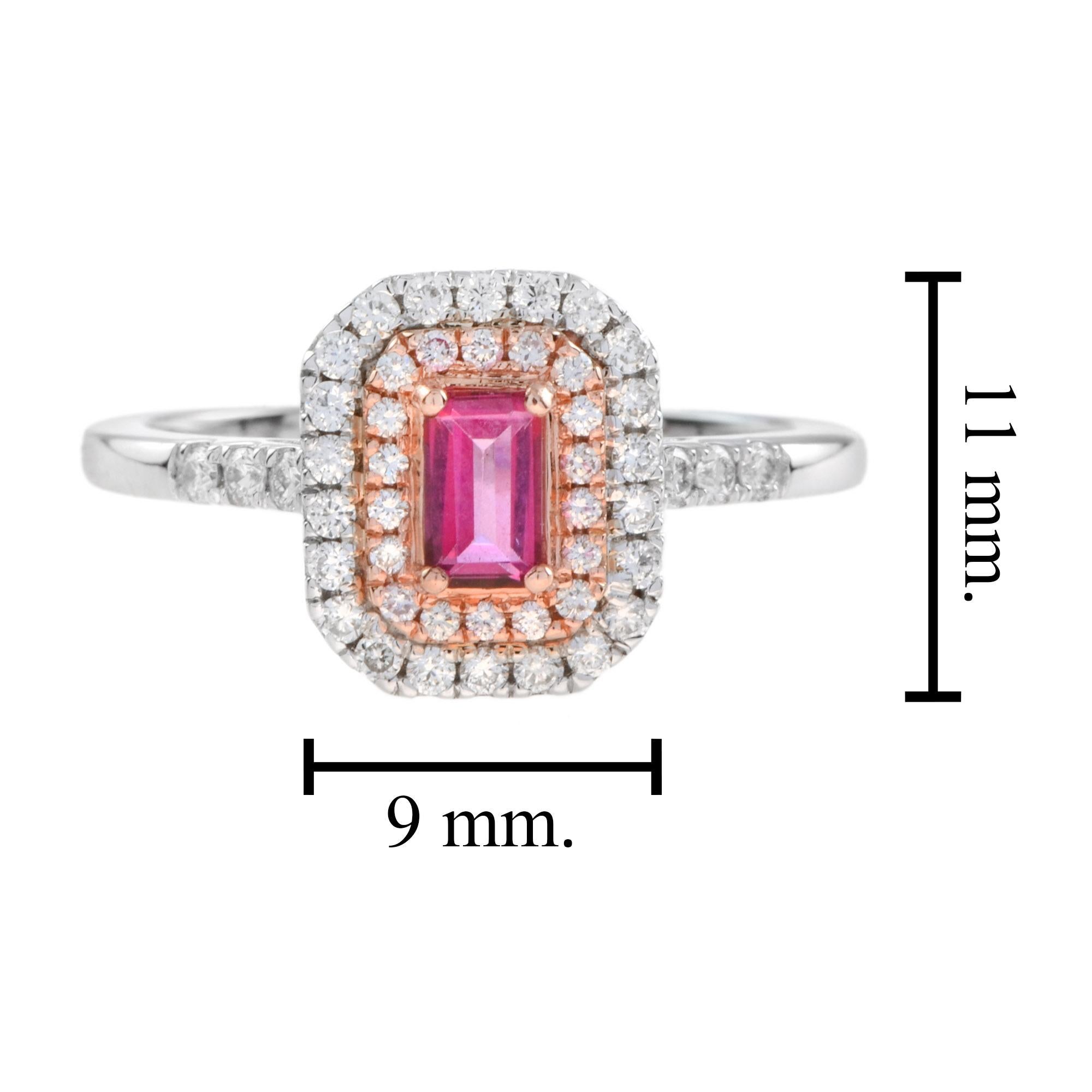 Verlobungsring aus 18 Karat zweifarbigem Gold mit rosa Saphiren und Diamanten mit doppeltem Halo  Damen im Angebot