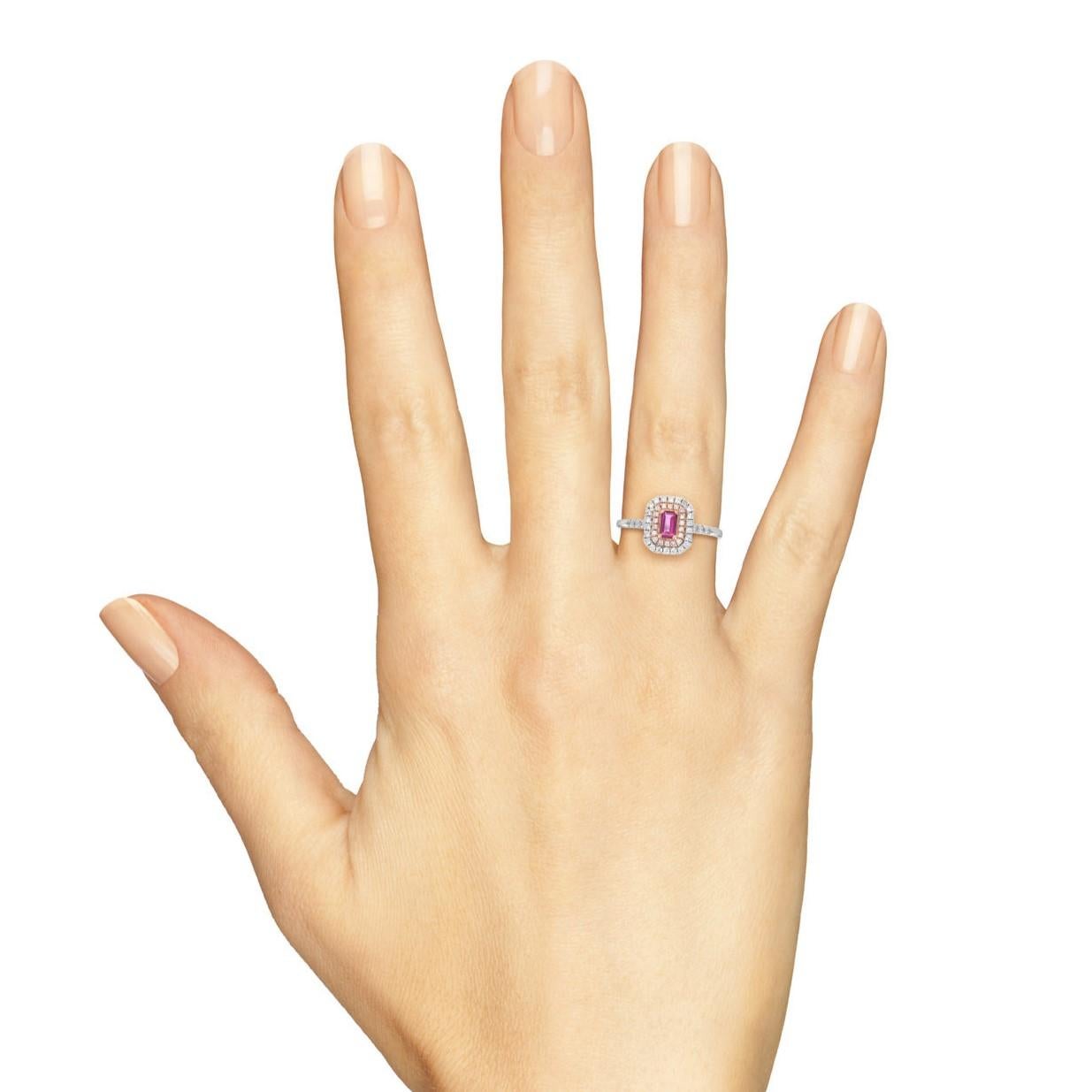 Verlobungsring aus 18 Karat zweifarbigem Gold mit rosa Saphiren und Diamanten mit doppeltem Halo  im Angebot 1