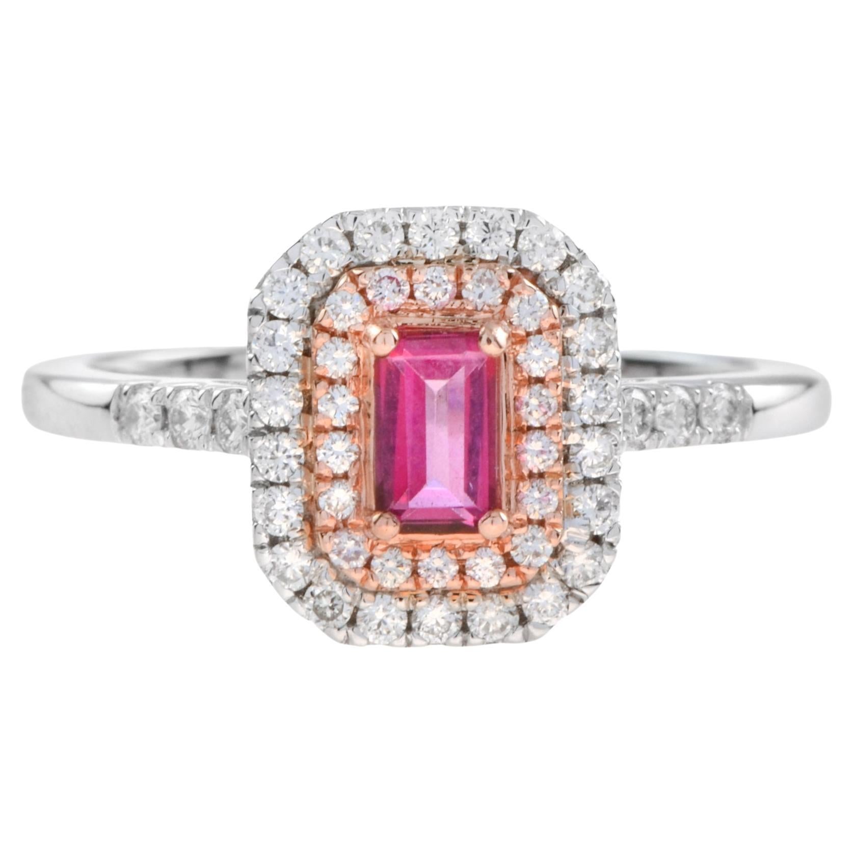 Pink Sapphire and Diamond Double Halo Engagement Ring in 18K Two Tone Gold  For Sale