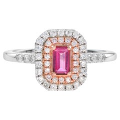 Bague de fiançailles double halo en or bicolore 18 carats avec saphir rose et diamants 