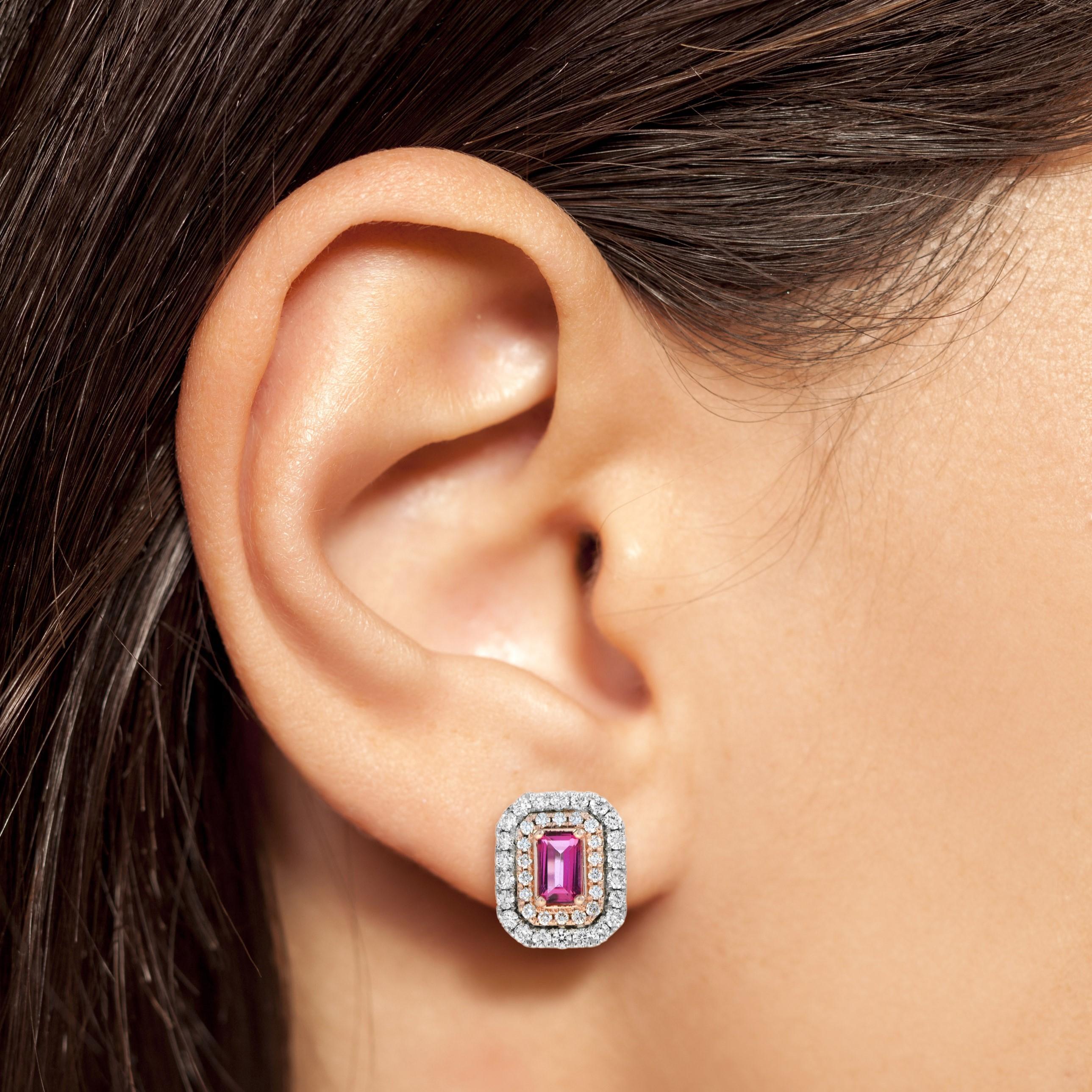The two-tone version of standout double halo stud earrings are designed to hold 0.4 carat emerald cut pink sapphire for each center stone. The outer halo is in white gold while inner halo is rose gold. A truly spectacular stud earrings! Wear it with
