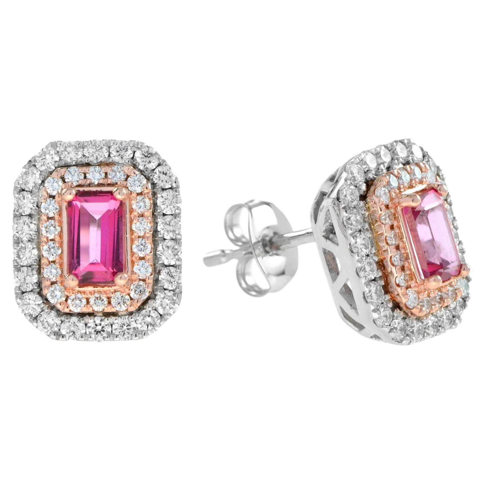 Pink Sapphire and Diamond Double Halo Stud Earrings in 14K Two Tone Gold For Sale