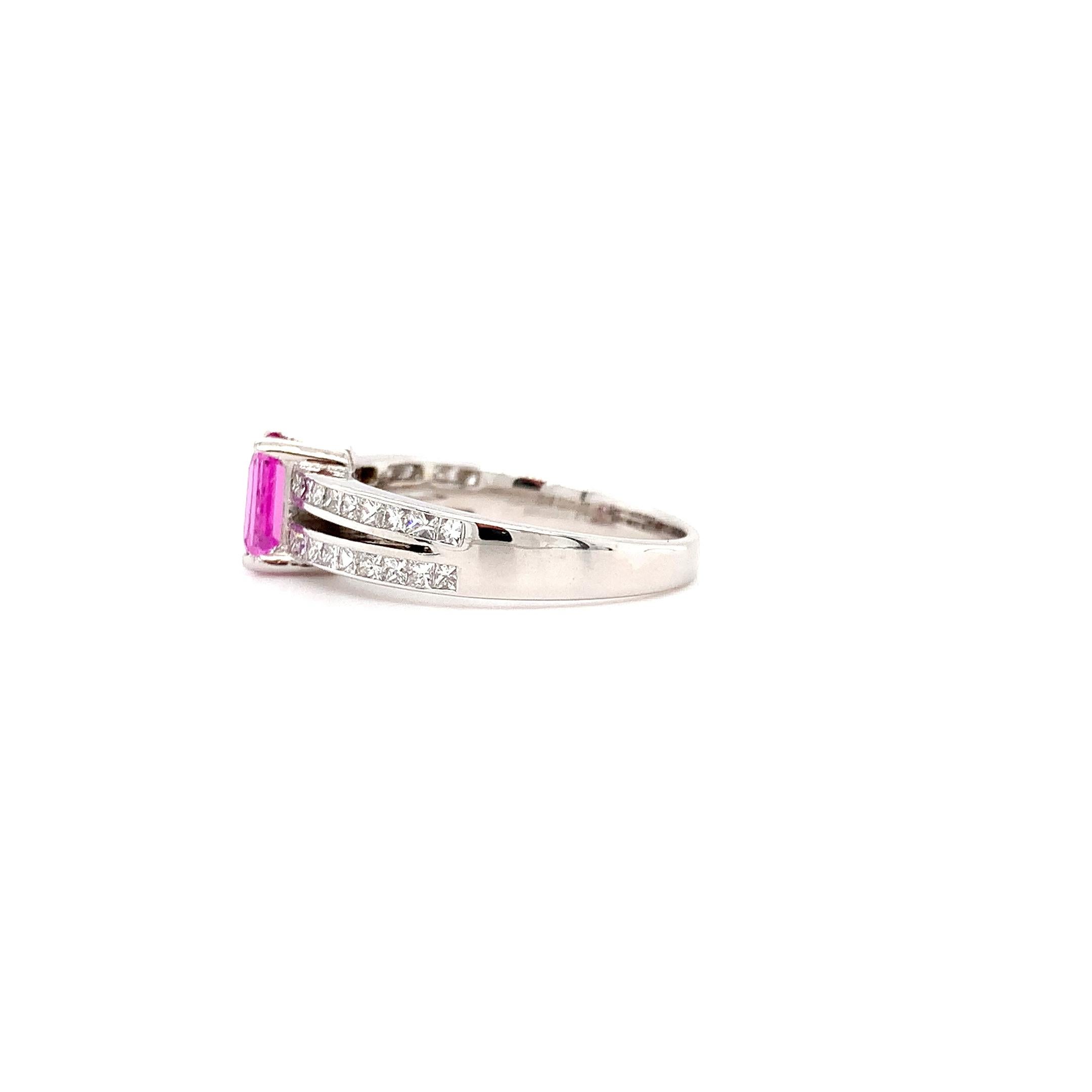 Emerald Cut Pink sapphire and diamond double split band engagement ring 18k white gold For Sale