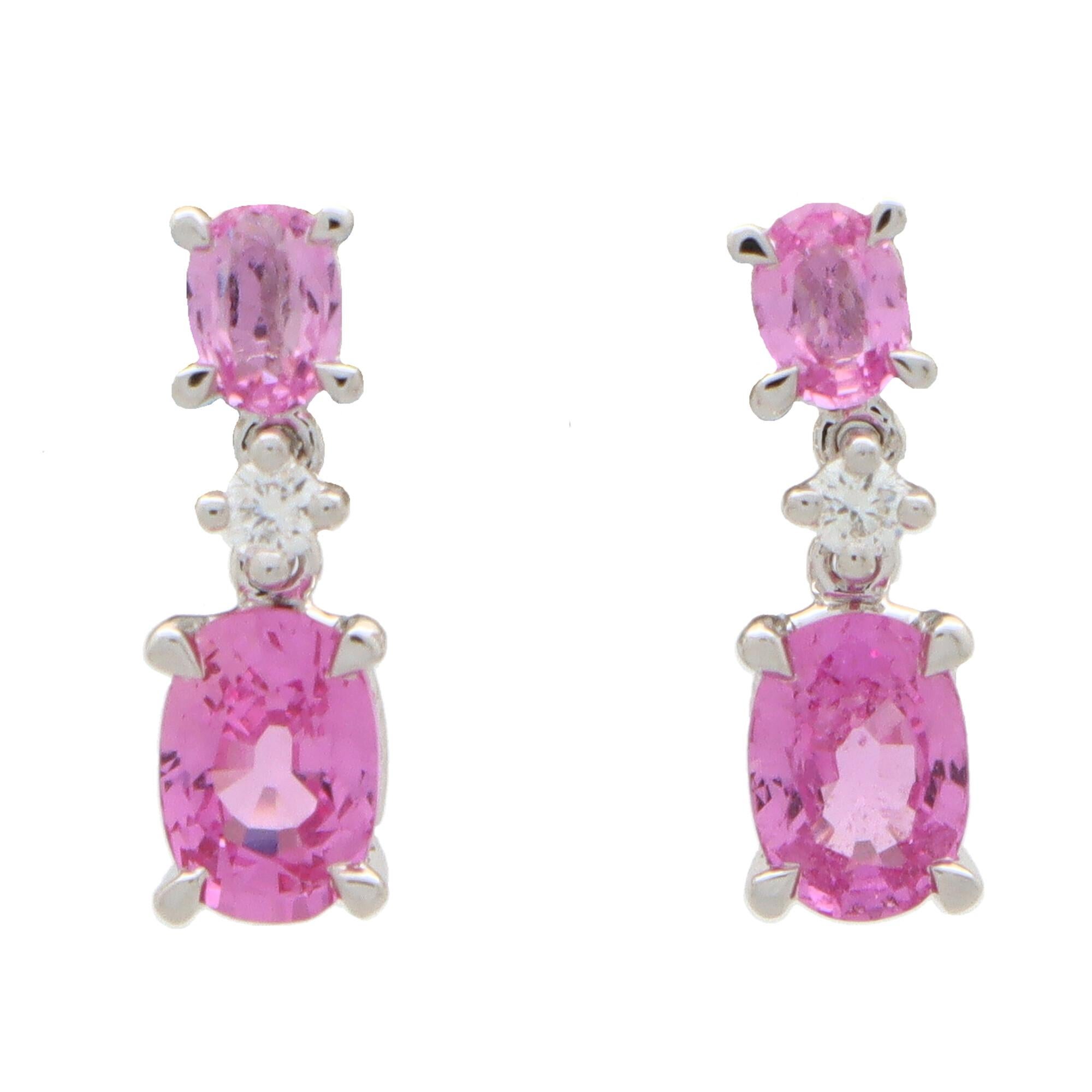 Modern Pink Sapphire and Diamond Drop Earrings in 18k White Gold For Sale