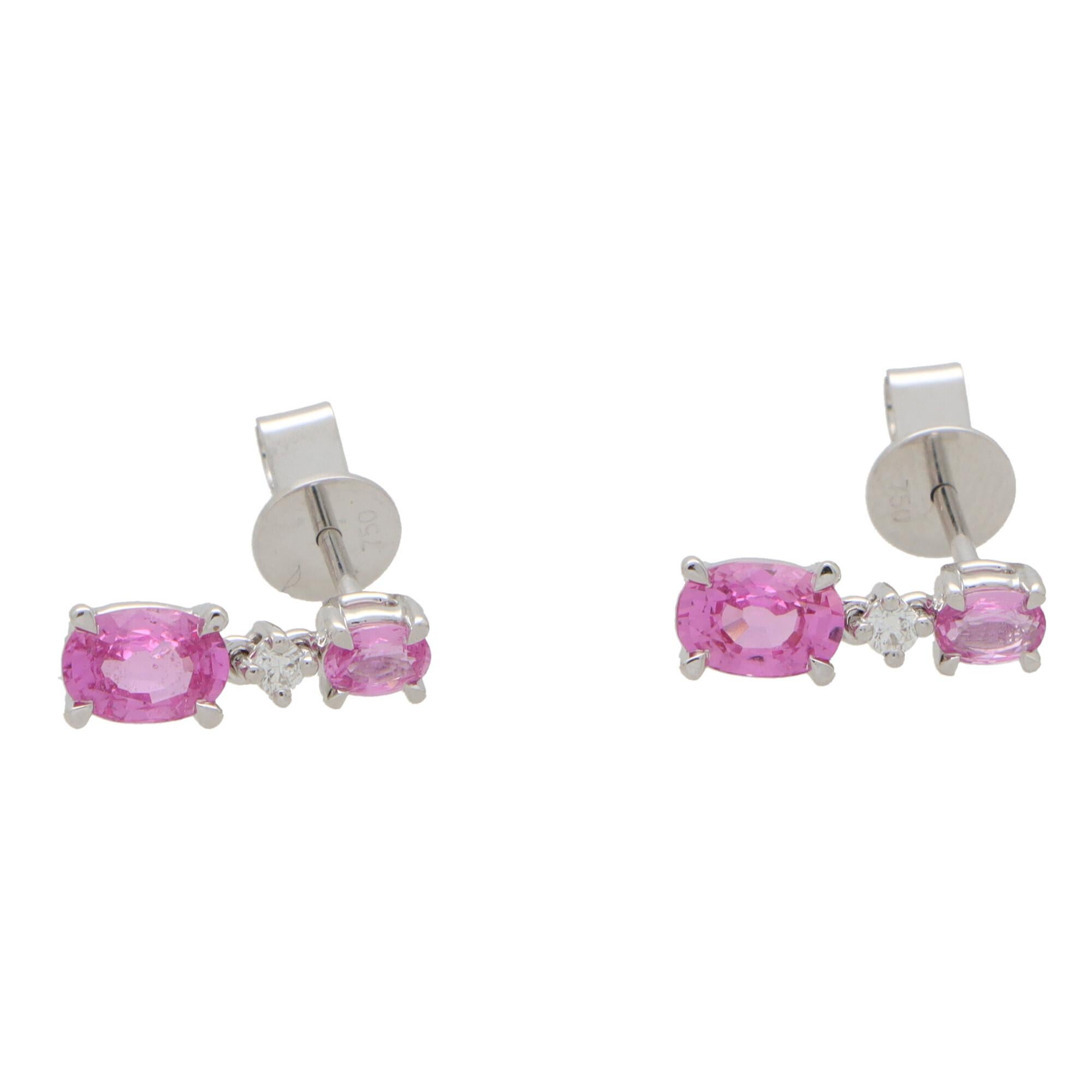 Oval Cut Pink Sapphire and Diamond Drop Earrings in 18k White Gold For Sale