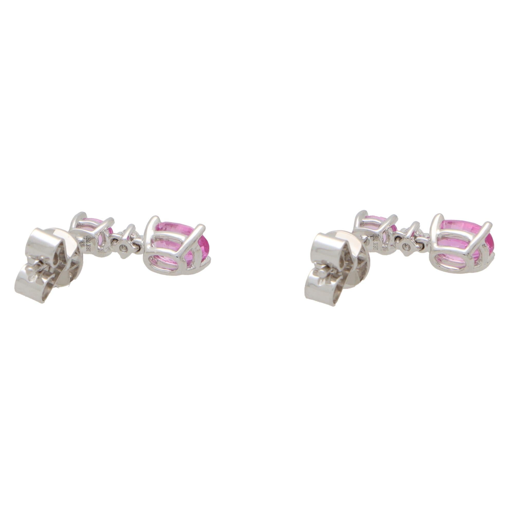 Pink Sapphire and Diamond Drop Earrings in 18k White Gold In New Condition For Sale In London, GB