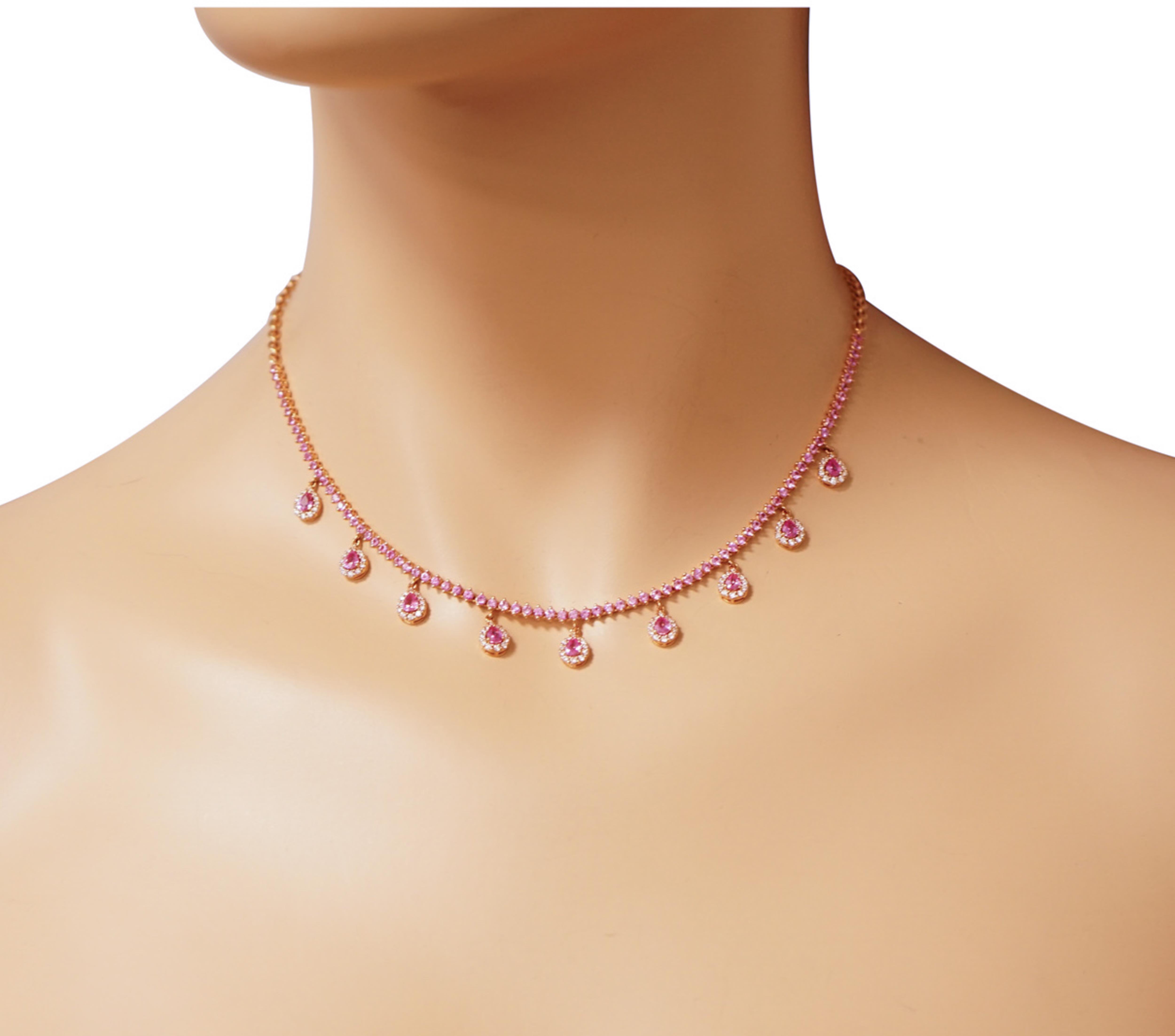 Pear Cut Pink Sapphire and Diamond Drops Rose Gold Necklace