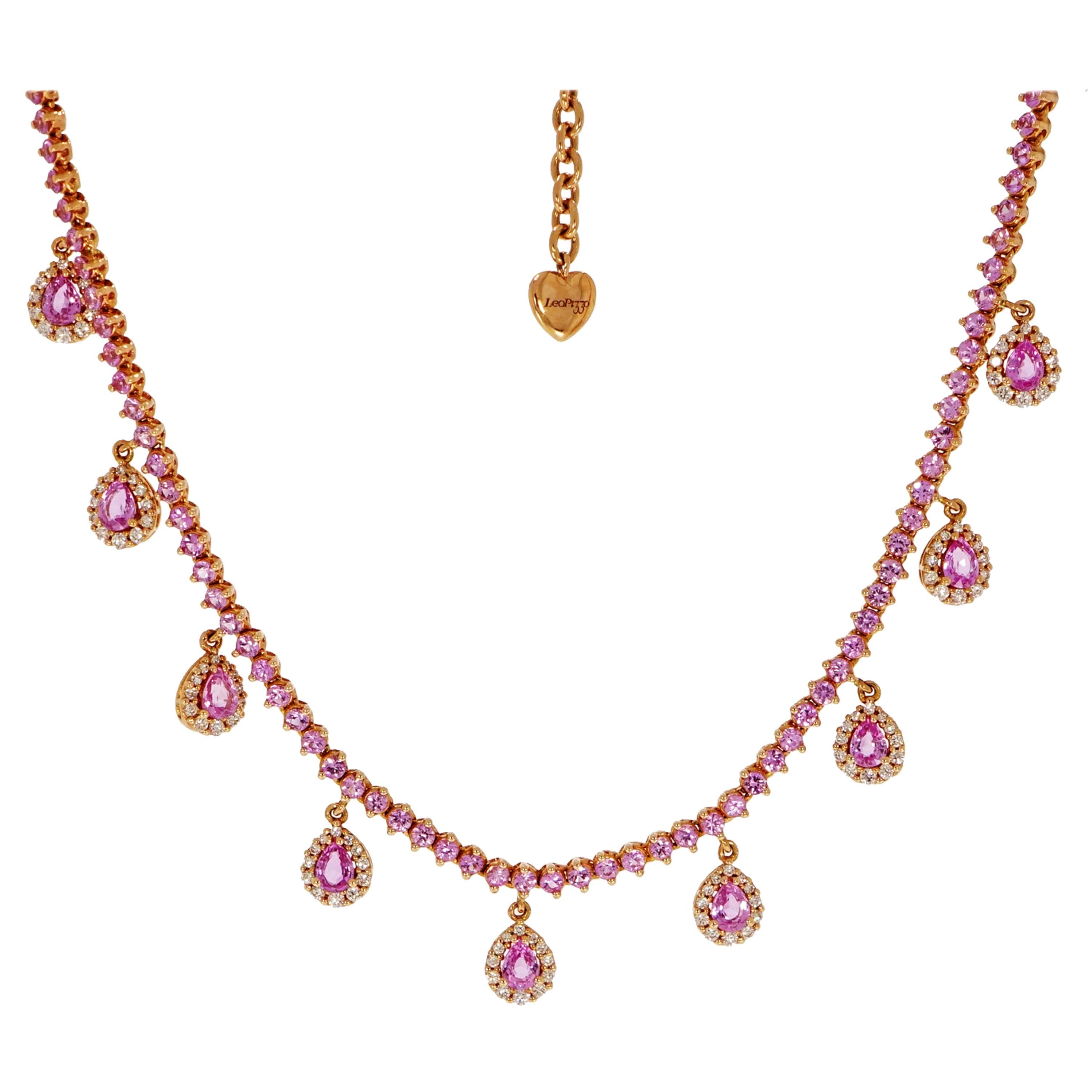 Pink Sapphire and Diamond Drops Rose Gold Necklace