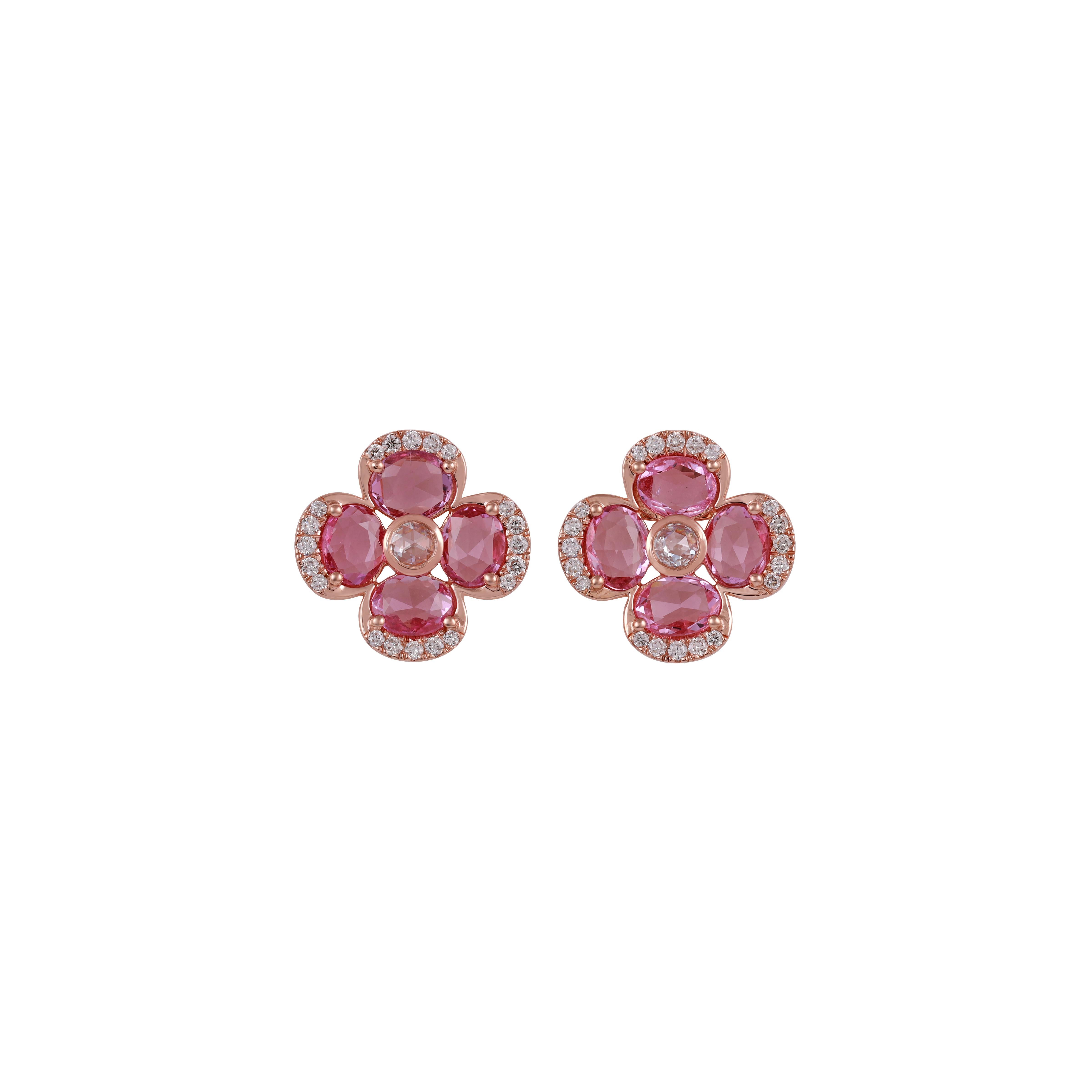 Contemporary Pink Sapphire and Diamond Earring in 18 Karat Rose Gold For Sale