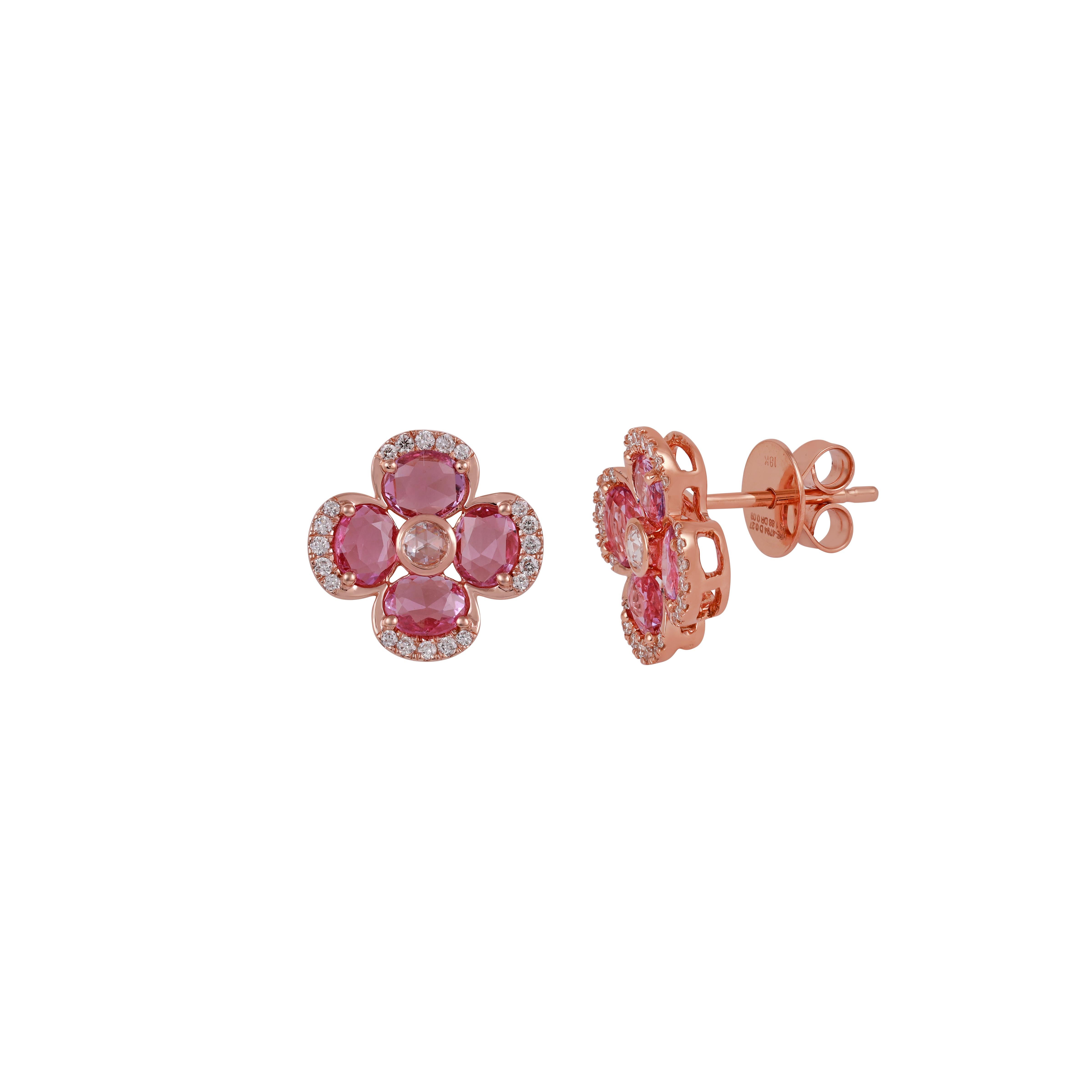 Rose Cut Pink Sapphire and Diamond Earring in 18 Karat Rose Gold For Sale