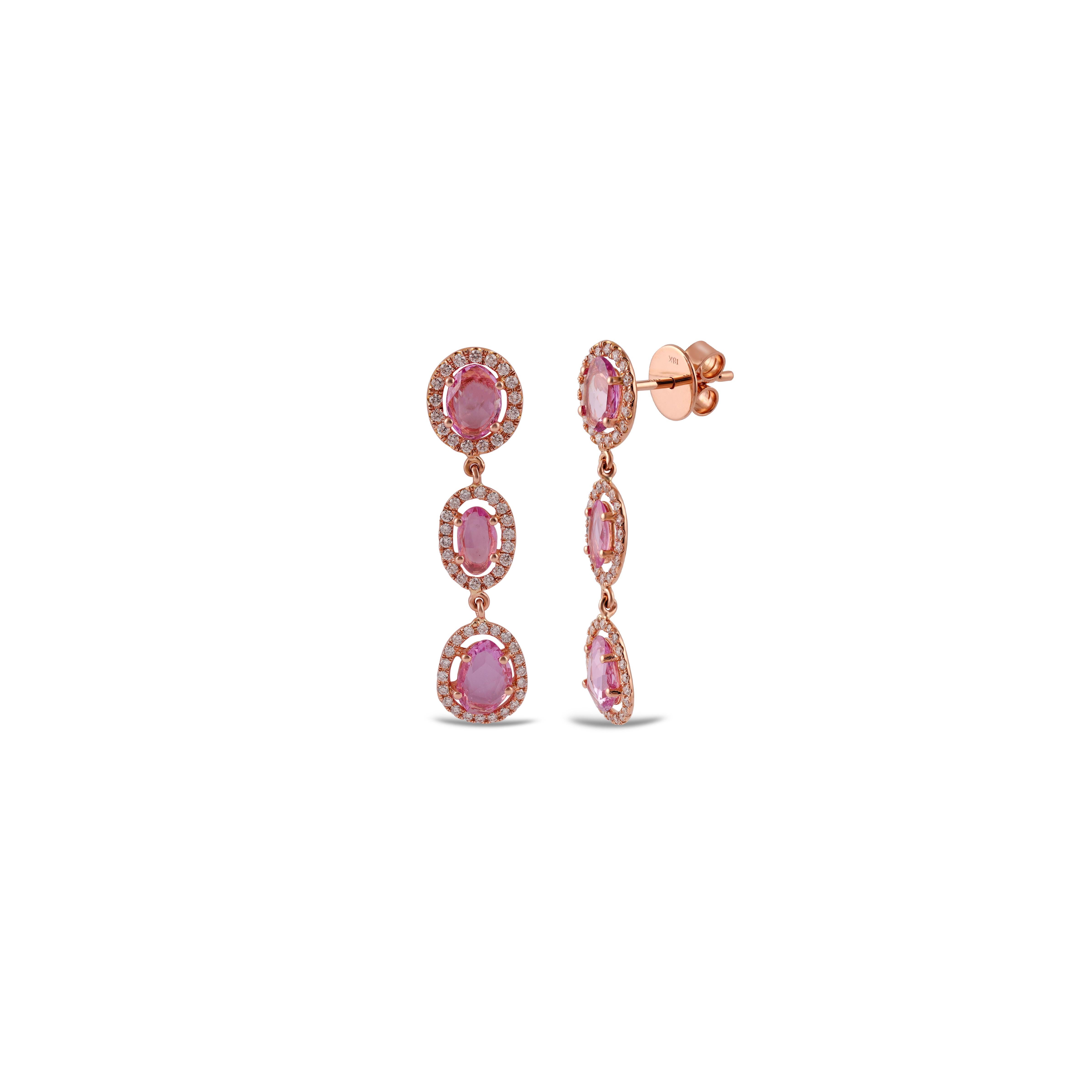 Contemporary Pink Sapphire and Diamond Earring Studded in 18 Karat Rose Gold For Sale