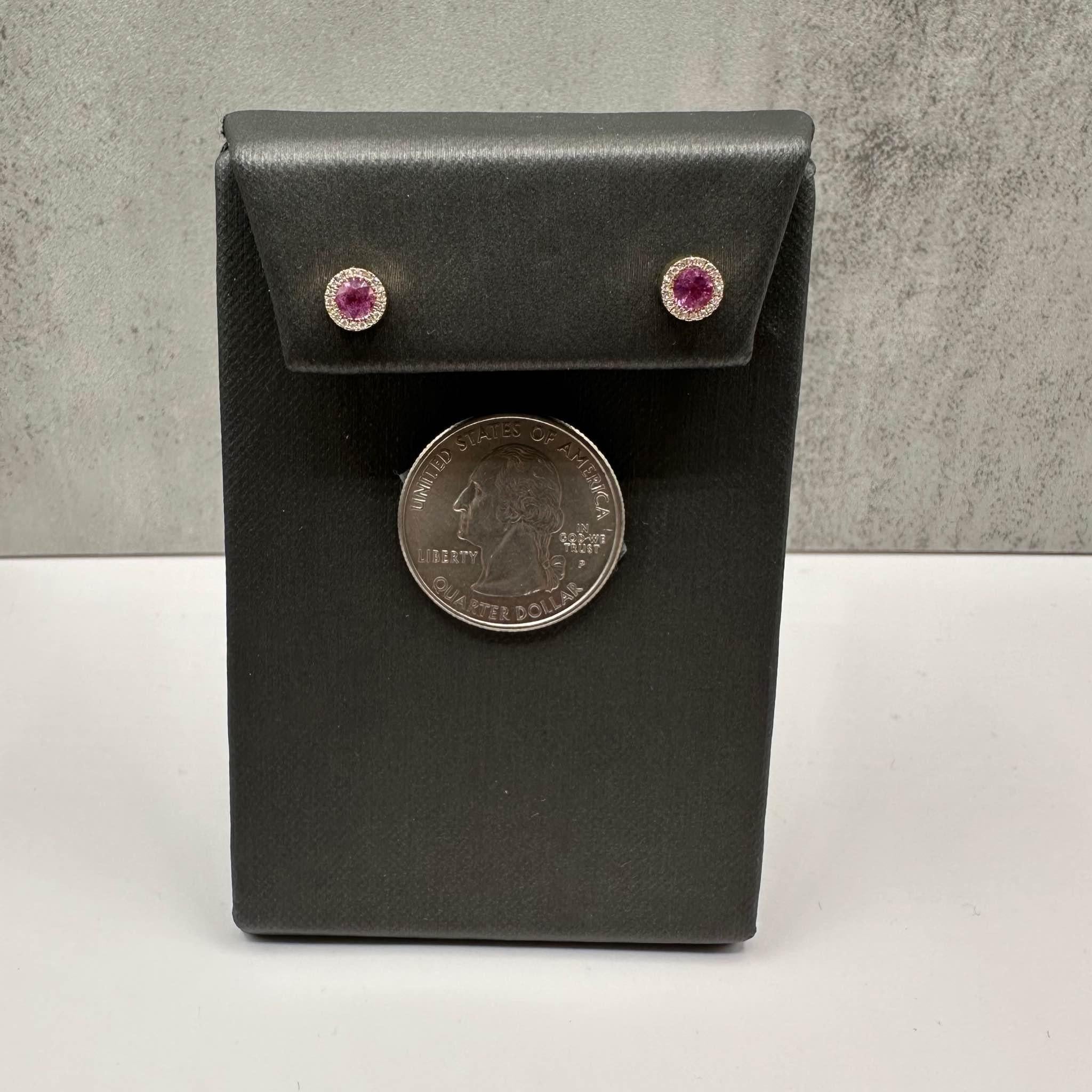 Pink Sapphire and Diamond Earrings in 14kt Yellow Gold – 0.48ctw Pink Sapphires In New Condition In West Hempstead, NY