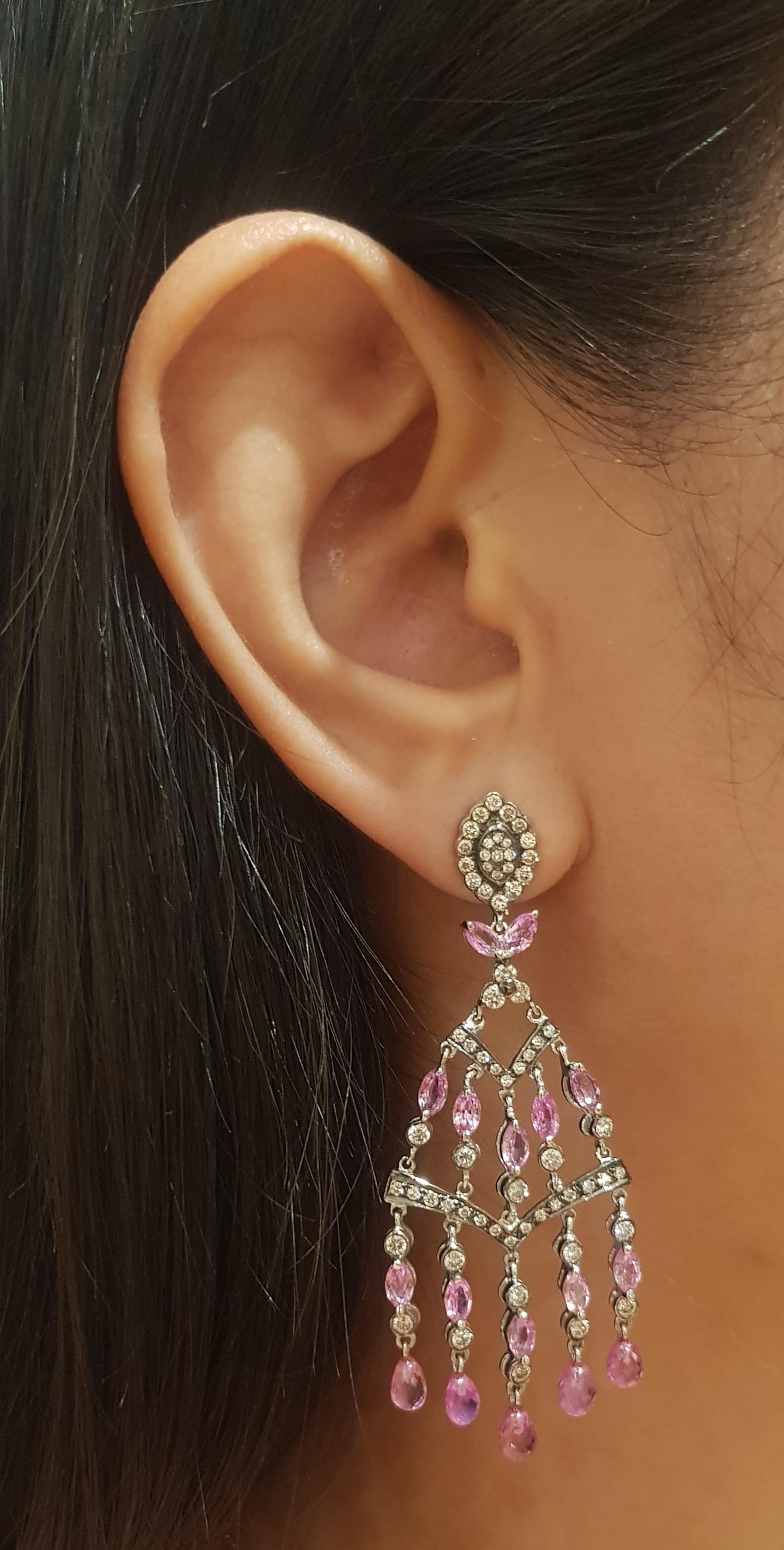 Pink Sapphire 11.23 carats and Diamond 2.13 carats Earrings set in 18K White Gold Settings

Width: 2.5 cm 
Length: 6.4 cm
Total Weight: 15.57 grams

