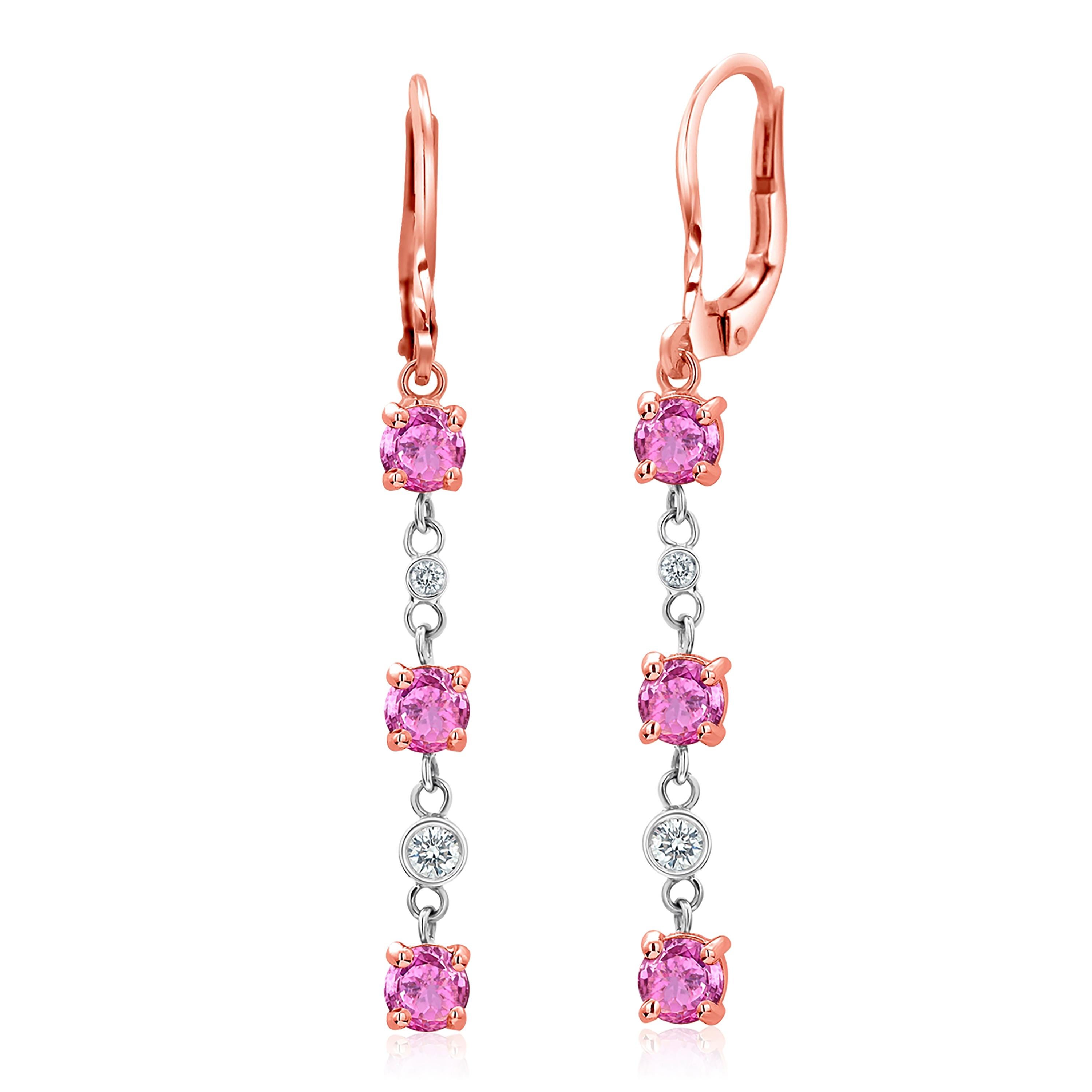 Contemporary Pink Sapphire and Diamond Rose Gold Lever Back Rose Gold 1.5 Inch Long  Earrings