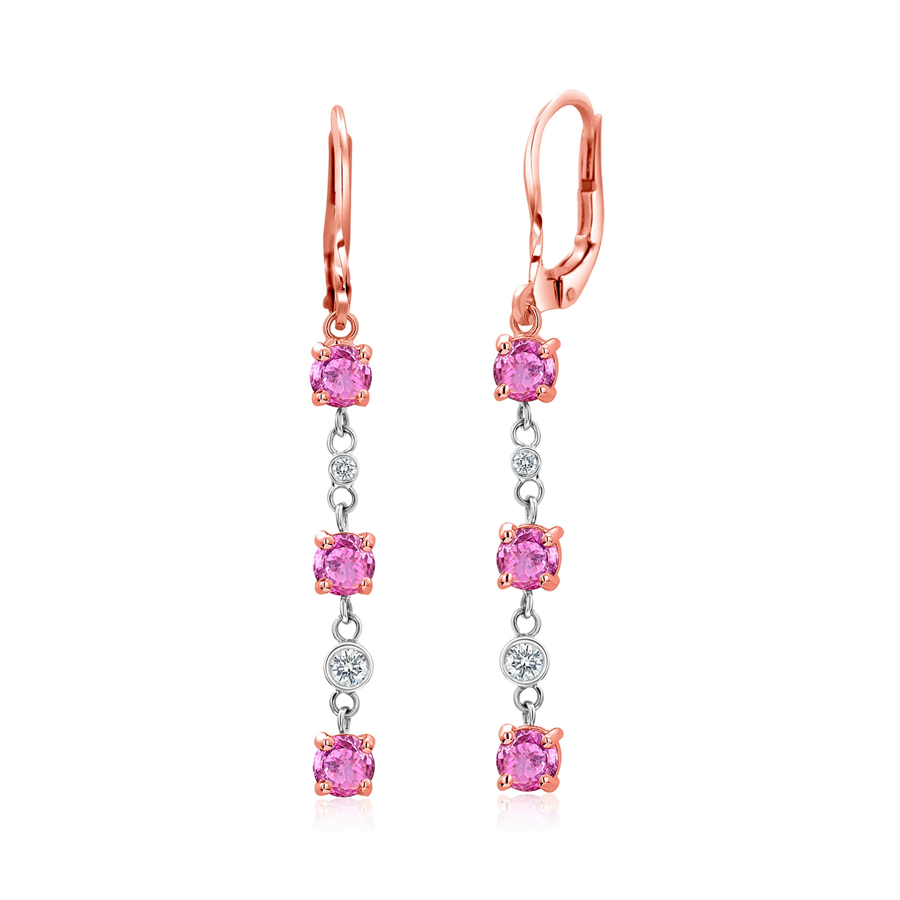 Pink Sapphire and Diamond Rose Gold Lever Back Rose Gold 1.5 Inch Long  Earrings In New Condition In New York, NY