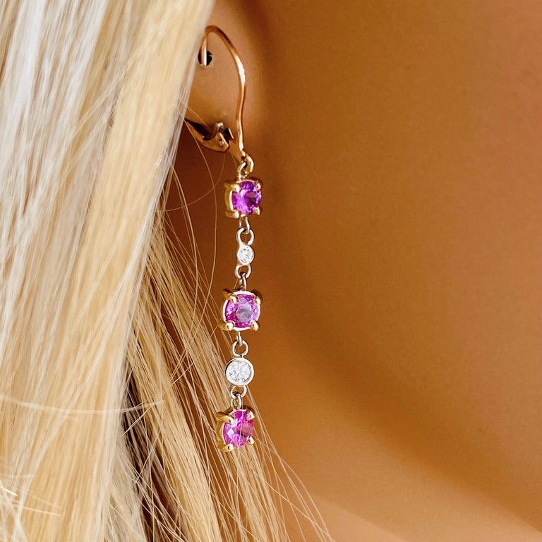 Pink Sapphire and Diamond Elongated 18 Karat Lever Back Rose Gold Earrings For Sale 3